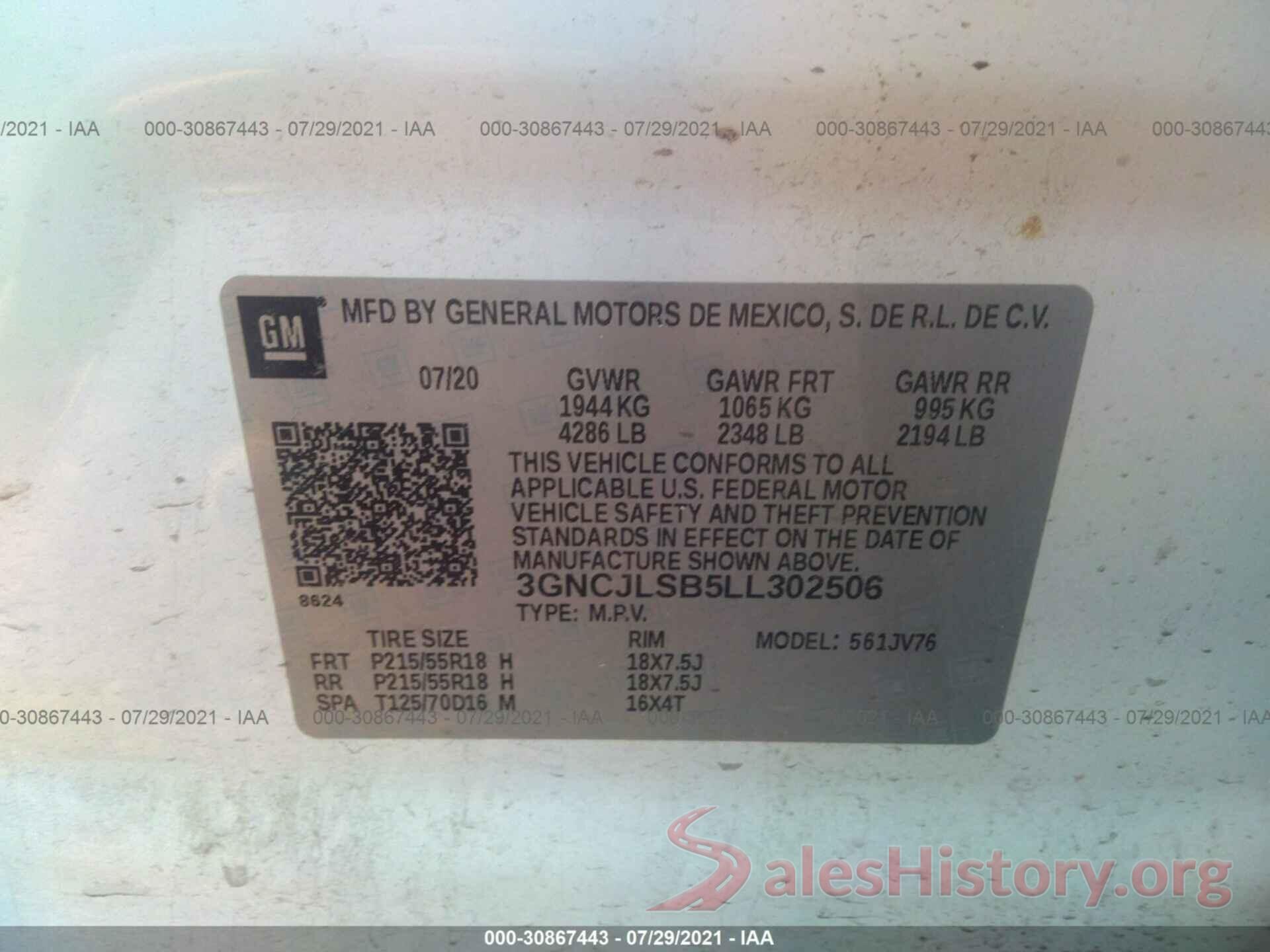 3GNCJLSB5LL302506 2020 CHEVROLET TRAX