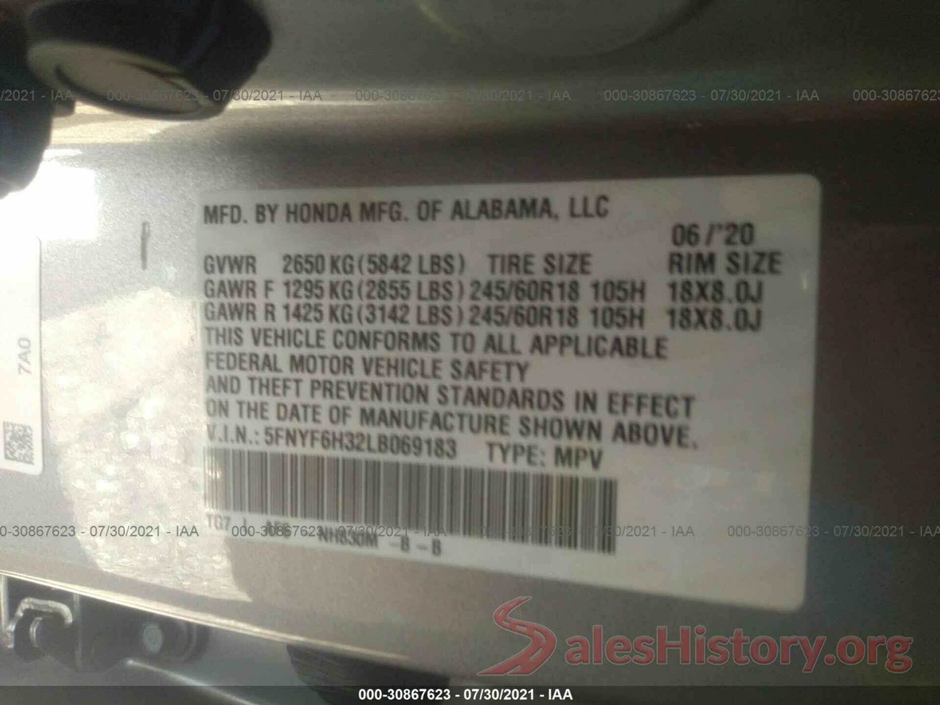 5FNYF6H32LB069183 2020 HONDA PILOT