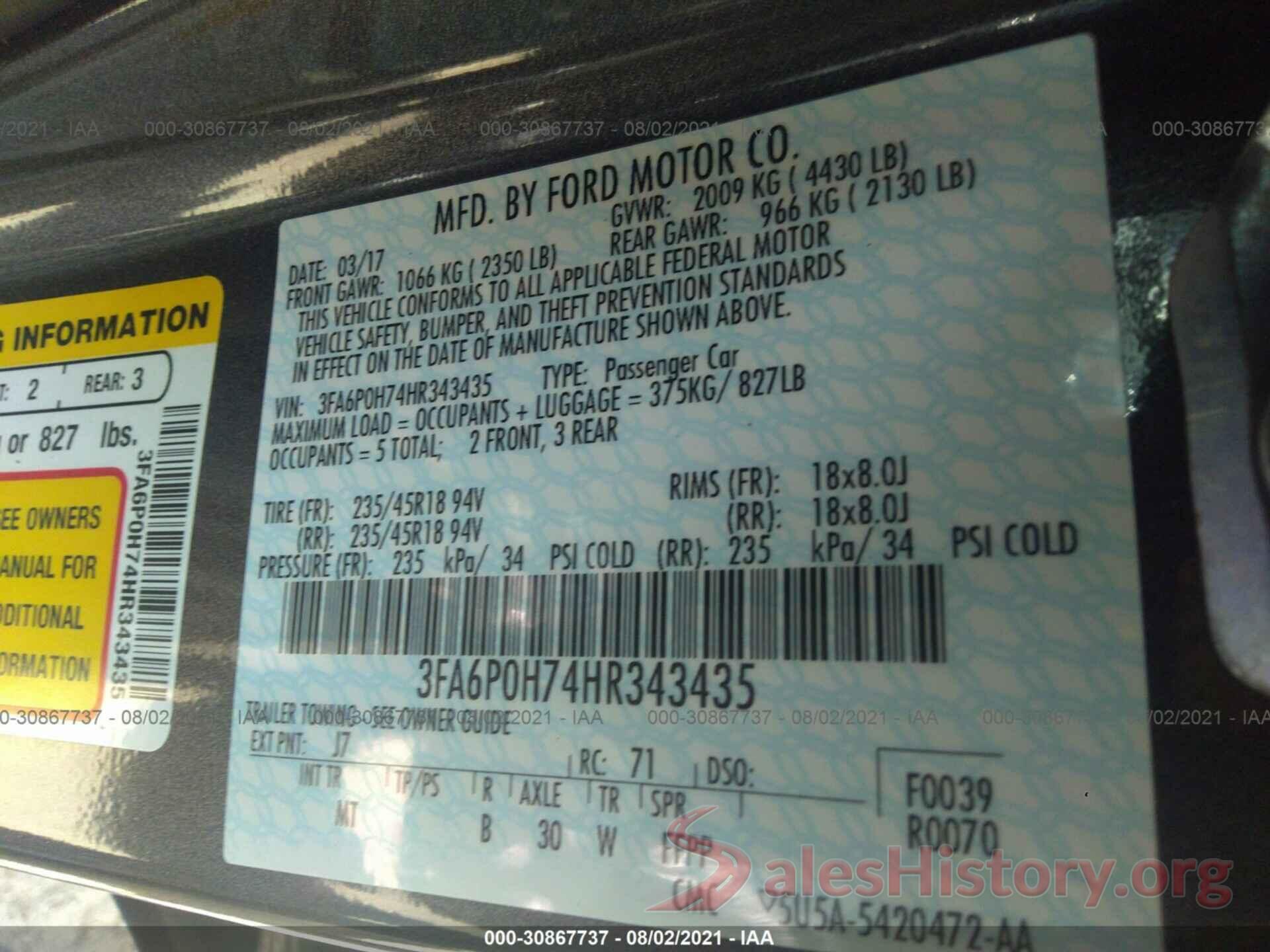 3FA6P0H74HR343435 2017 FORD FUSION