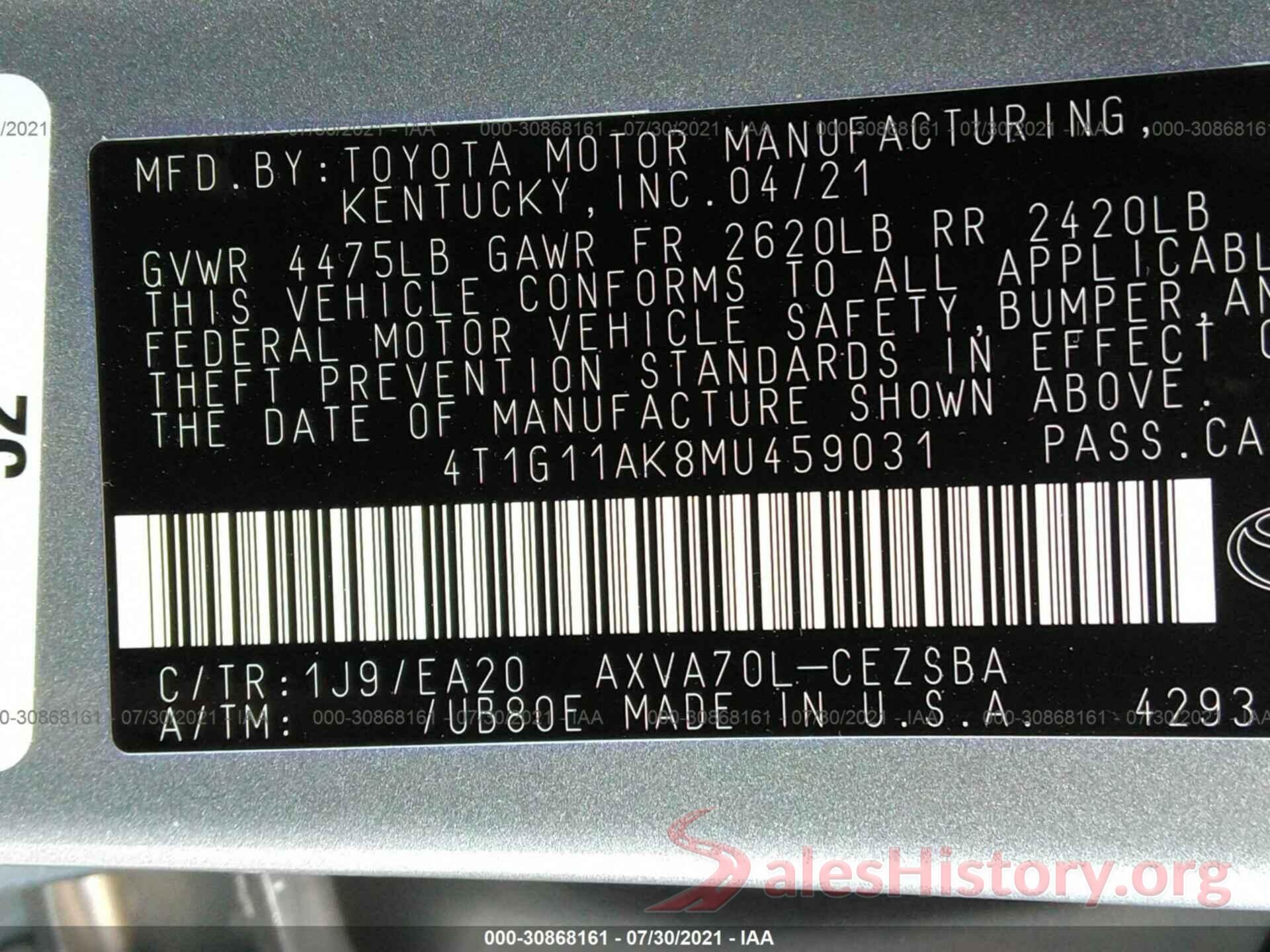 4T1G11AK8MU459031 2021 TOYOTA CAMRY