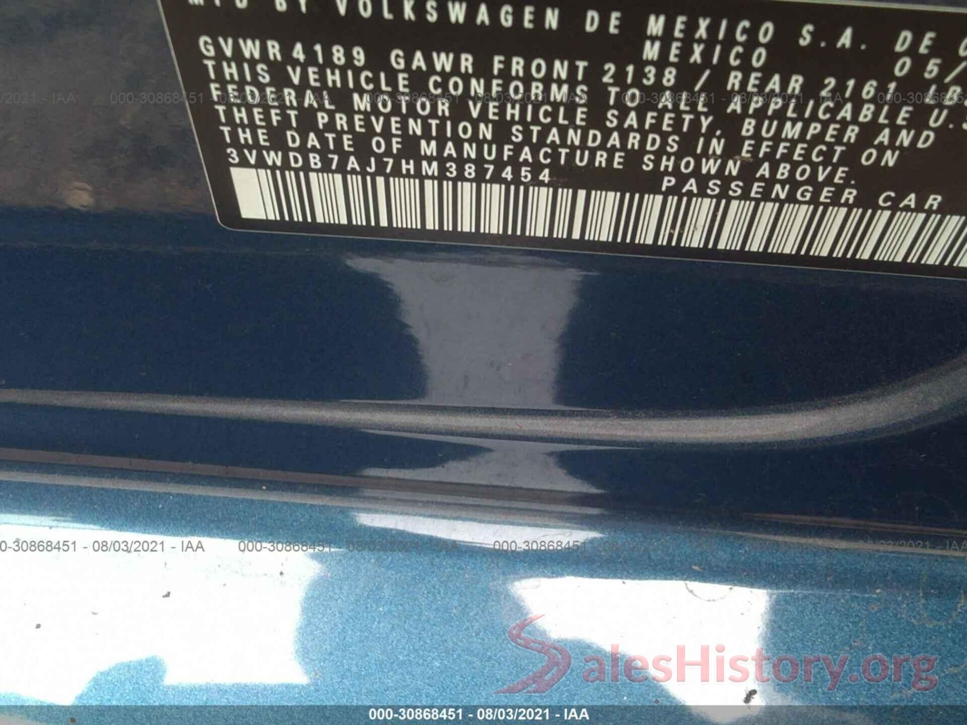 3VWDB7AJ7HM387454 2017 VOLKSWAGEN JETTA