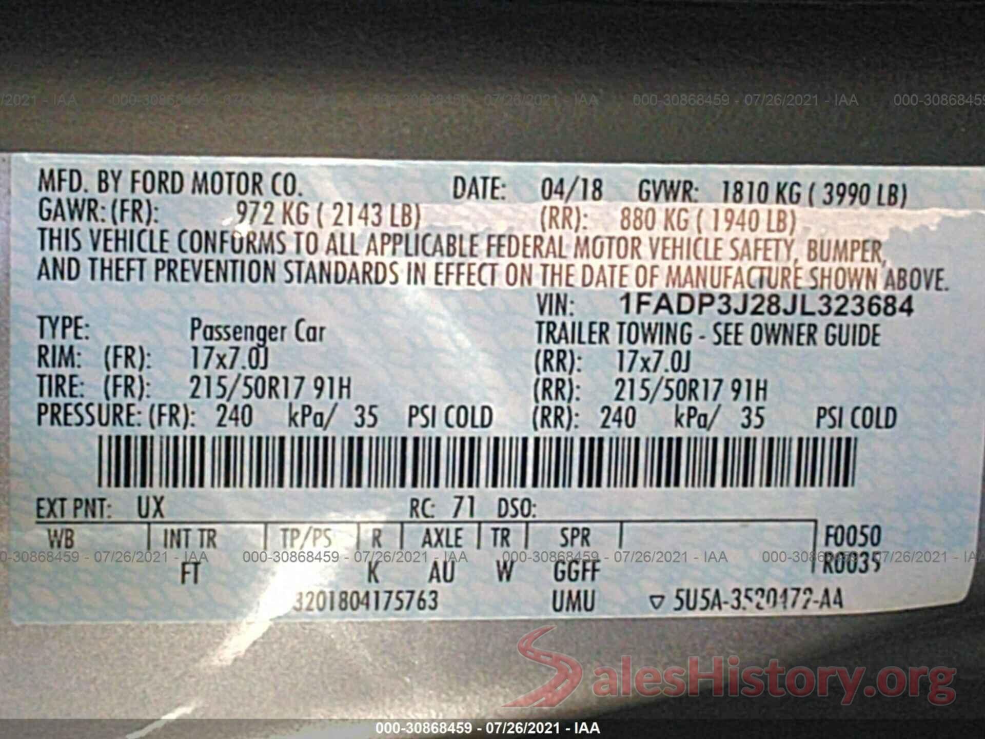 1FADP3J28JL323684 2018 FORD FOCUS