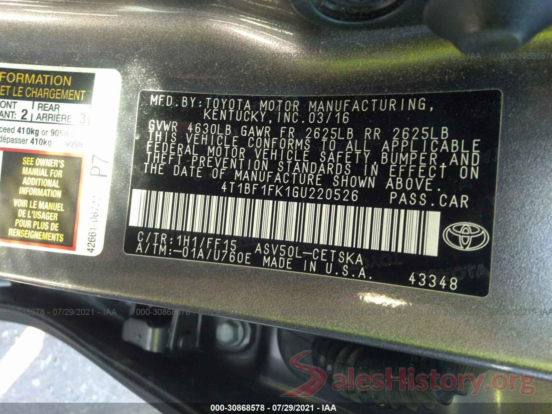 4T1BF1FK1GU220526 2016 TOYOTA CAMRY