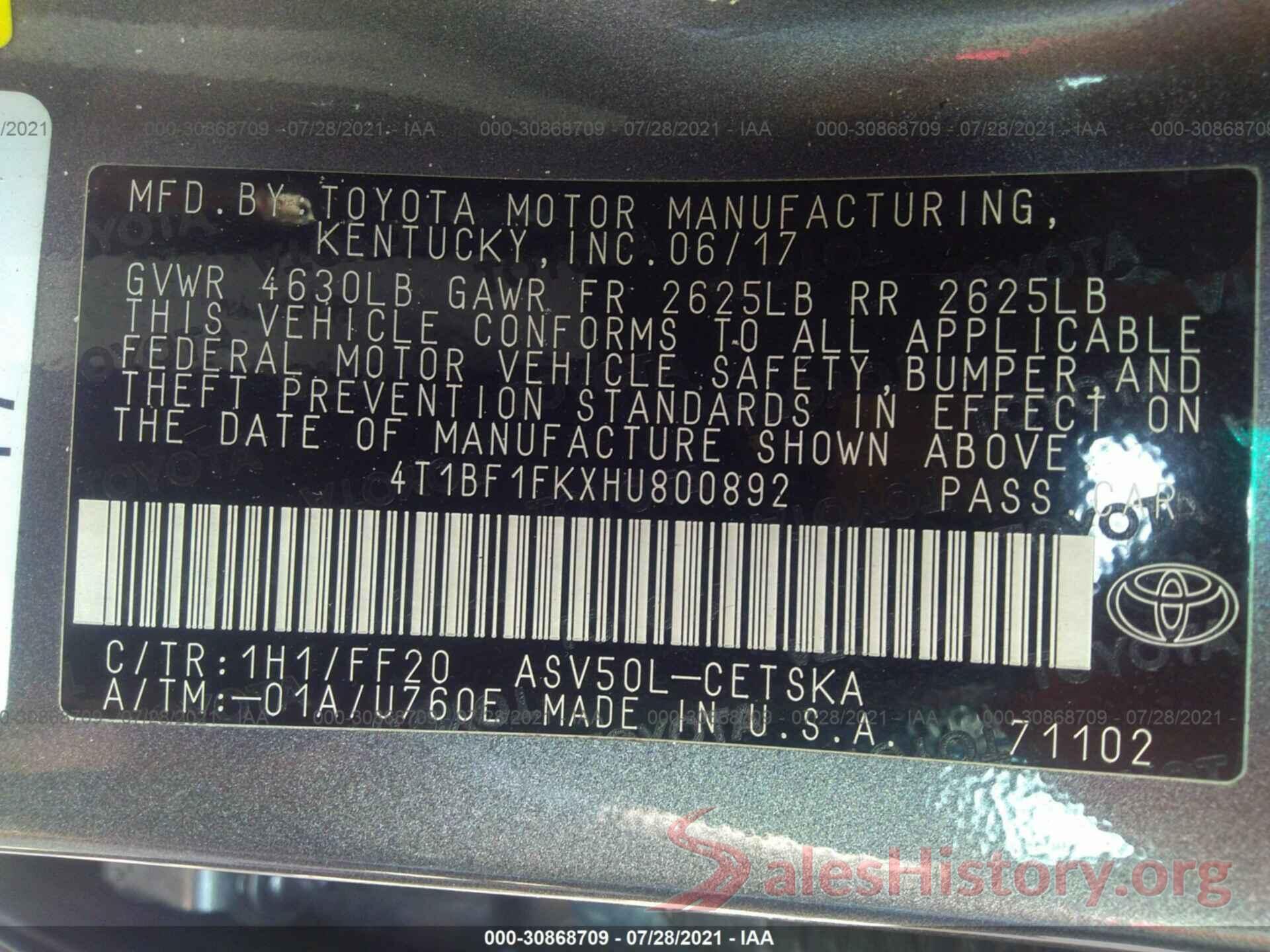 4T1BF1FKXHU800892 2017 TOYOTA CAMRY