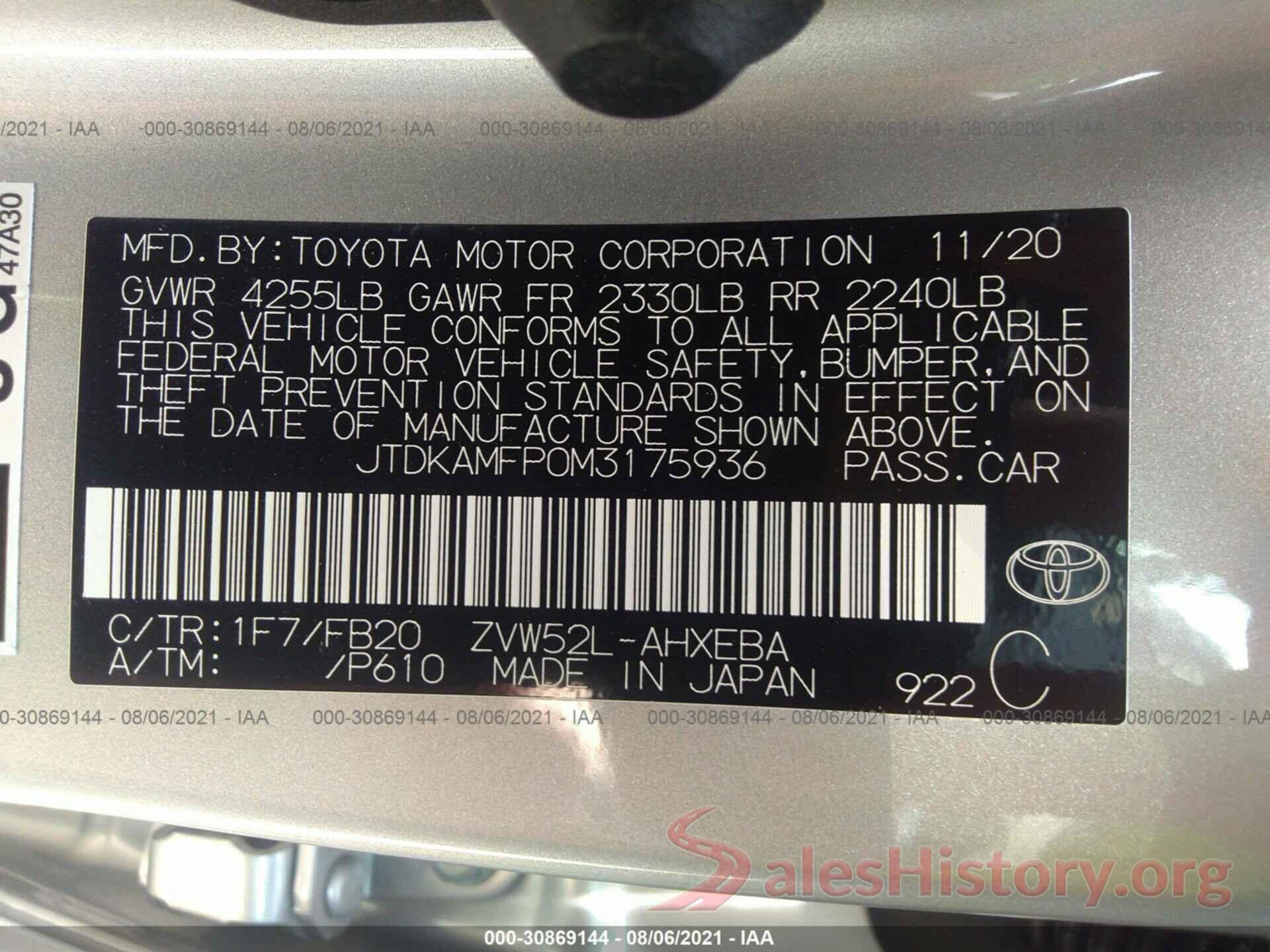 JTDKAMFP0M3175936 2021 TOYOTA PRIUS PRIME