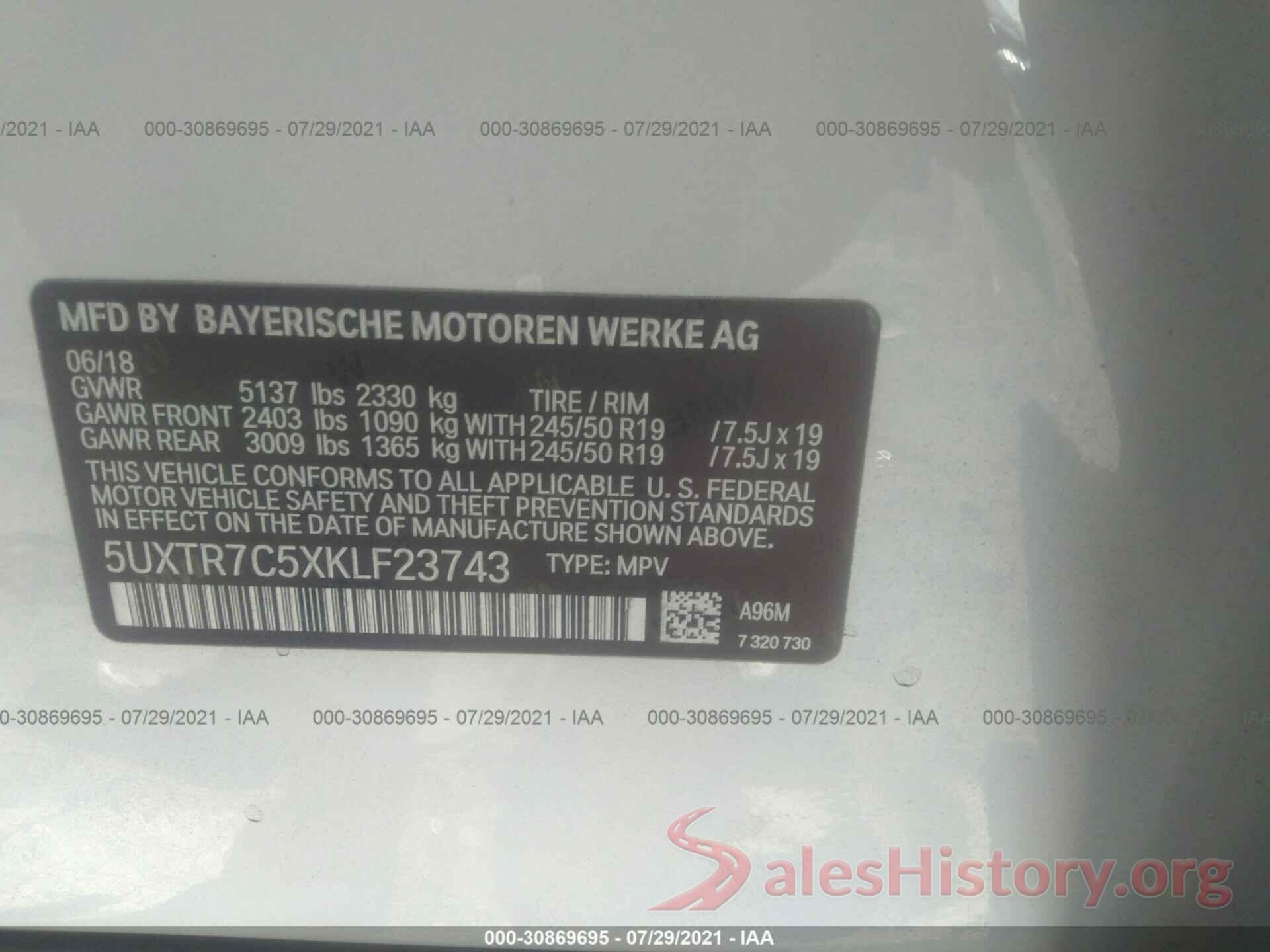 5UXTR7C5XKLF23743 2019 BMW X3