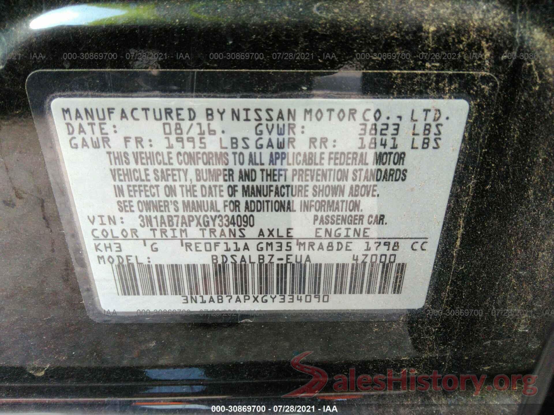 3N1AB7APXGY334090 2016 NISSAN SENTRA