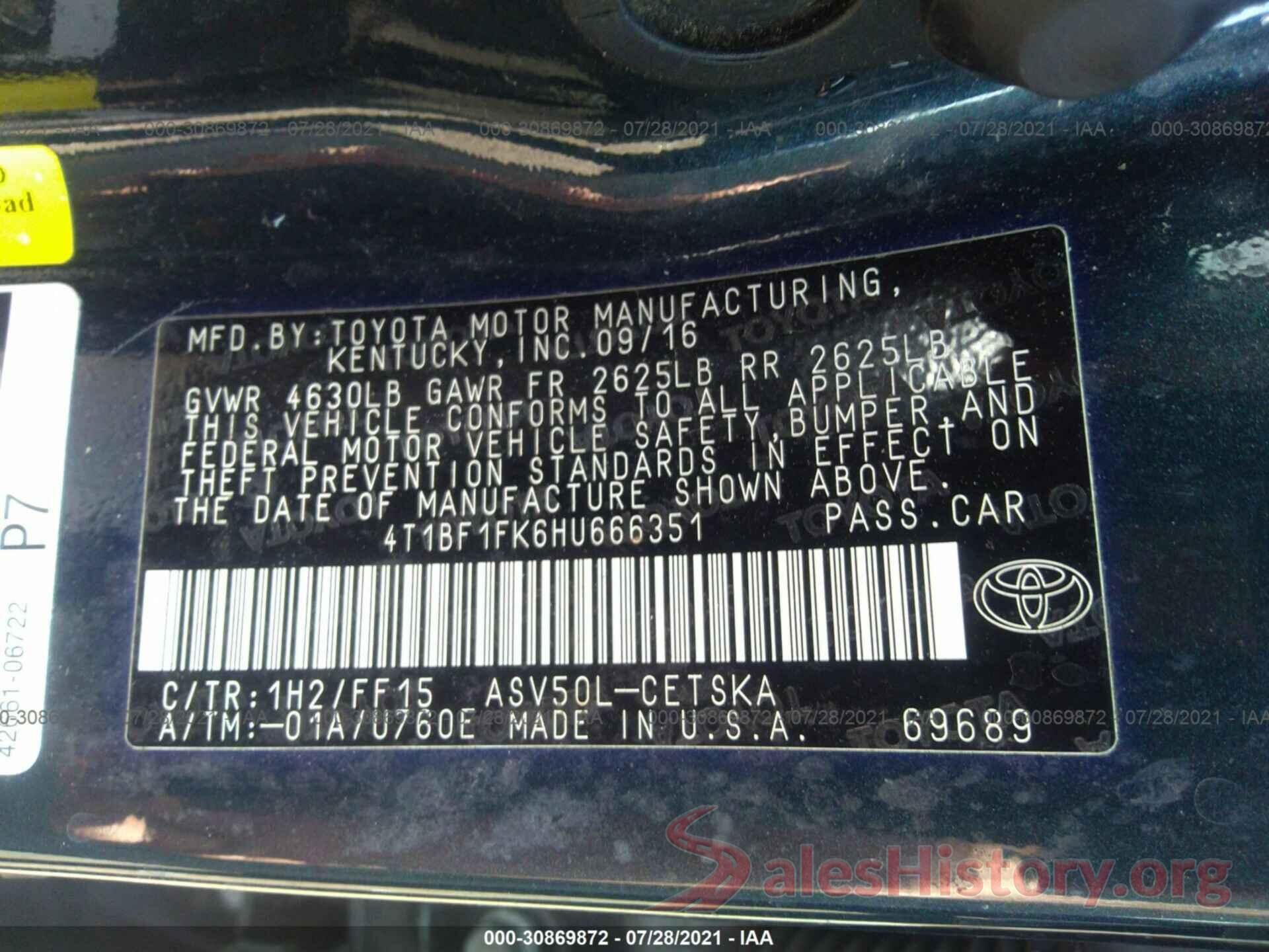 4T1BF1FK6HU666351 2017 TOYOTA CAMRY