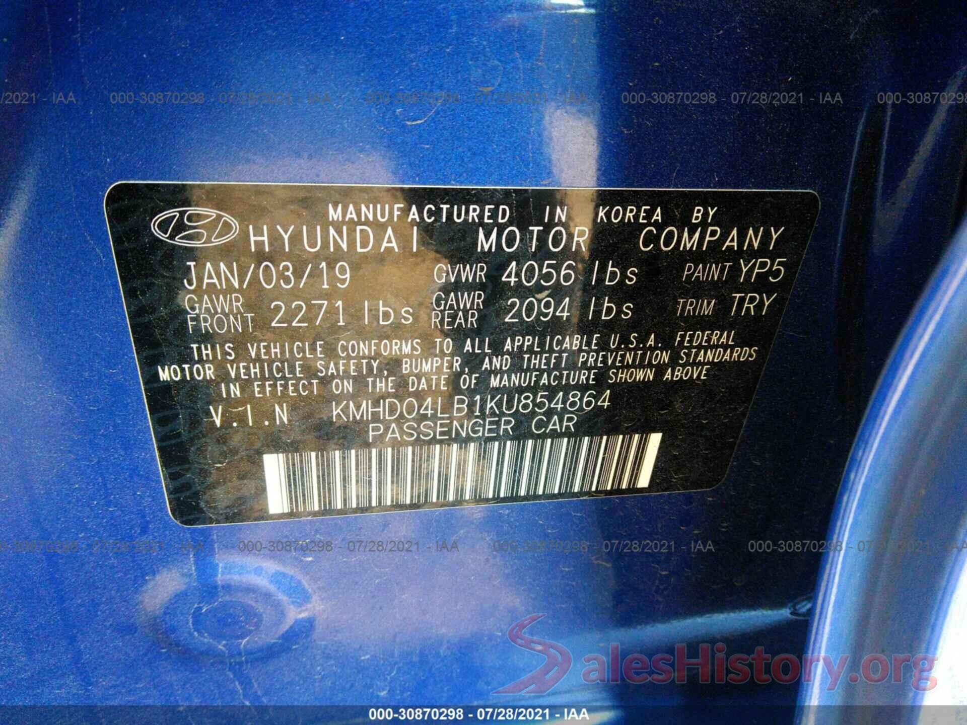 KMHD04LB1KU854864 2019 HYUNDAI ELANTRA