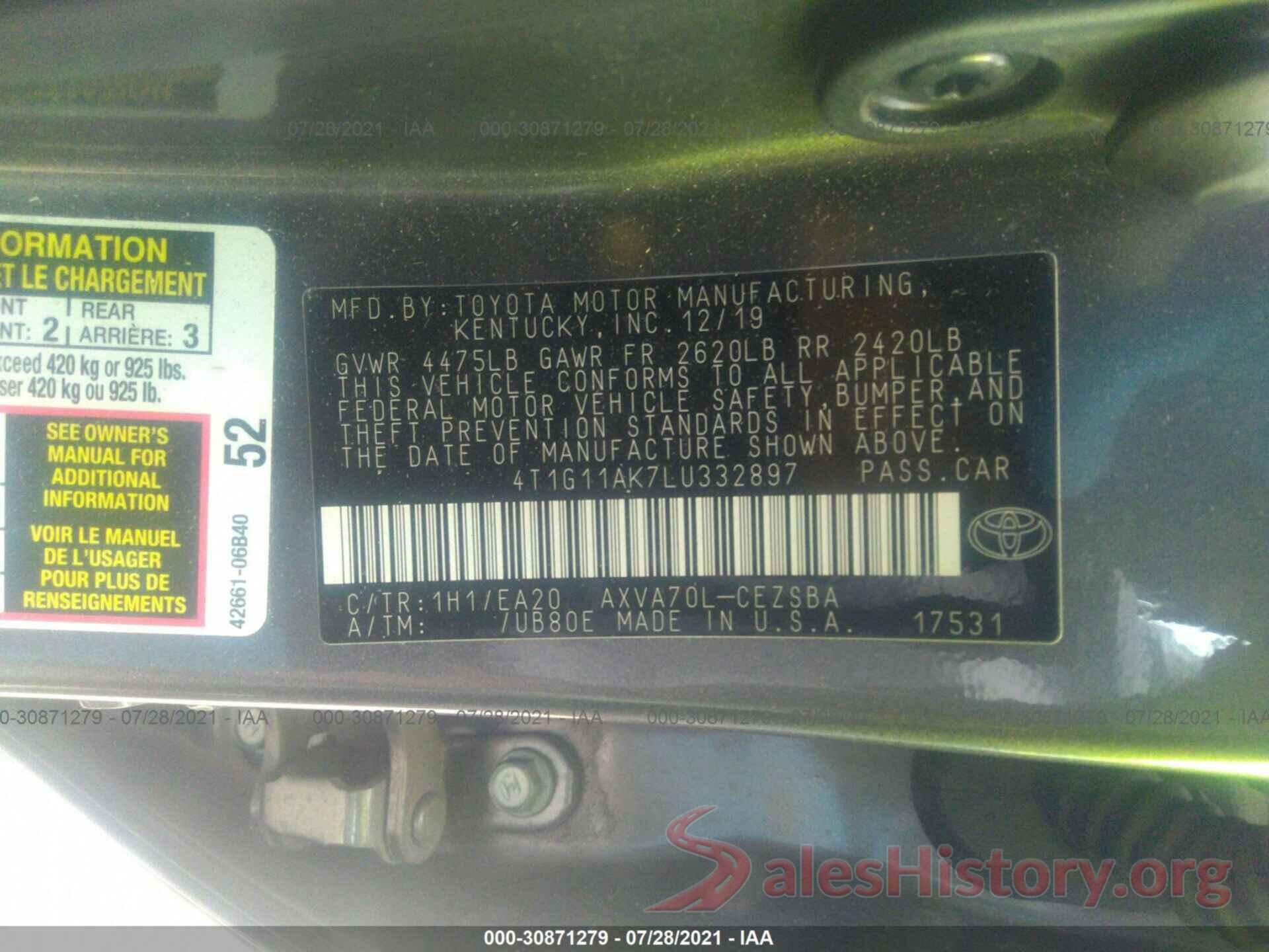 4T1G11AK7LU332897 2020 TOYOTA CAMRY