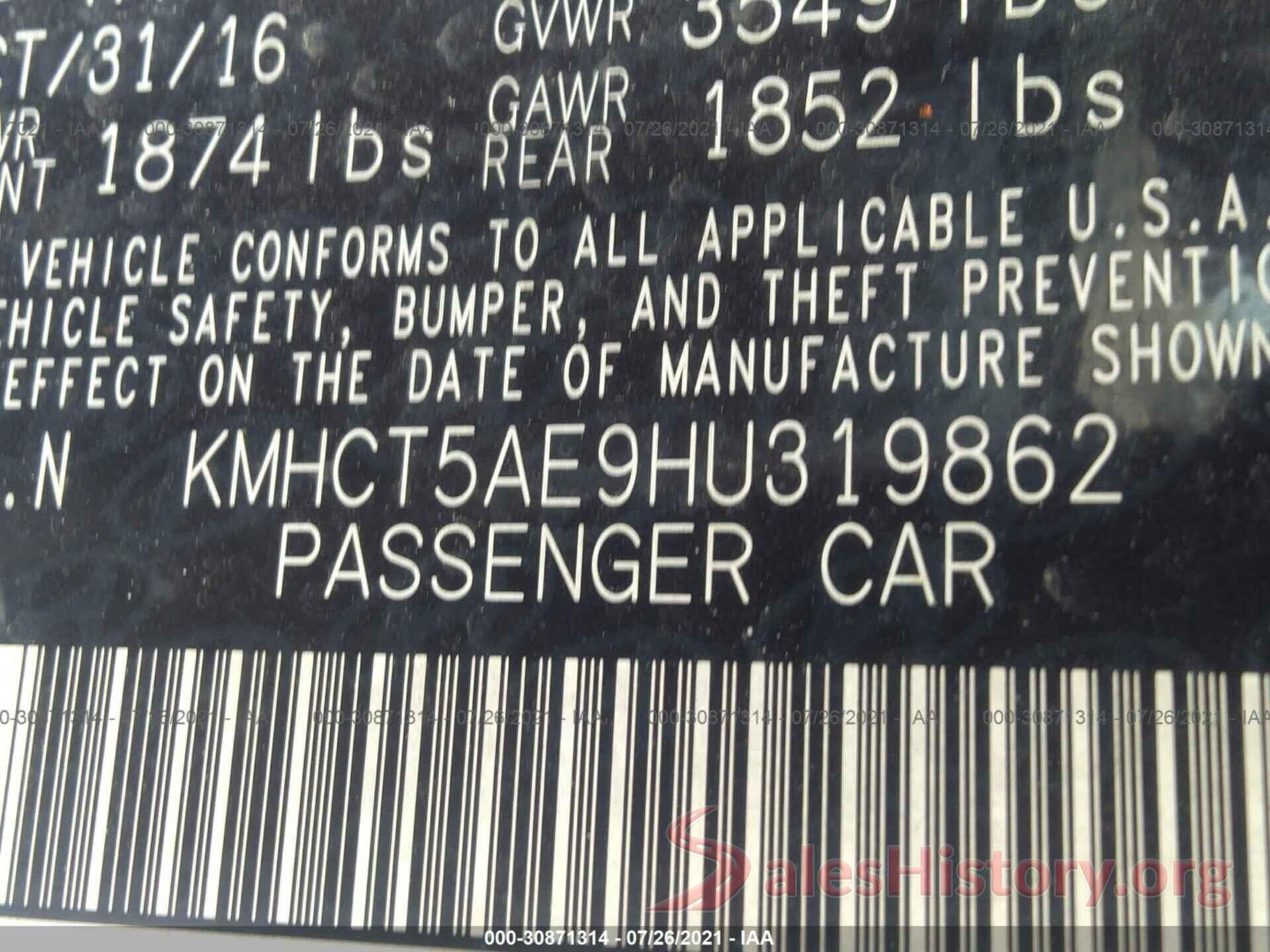 KMHCT5AE9HU319862 2017 HYUNDAI ACCENT