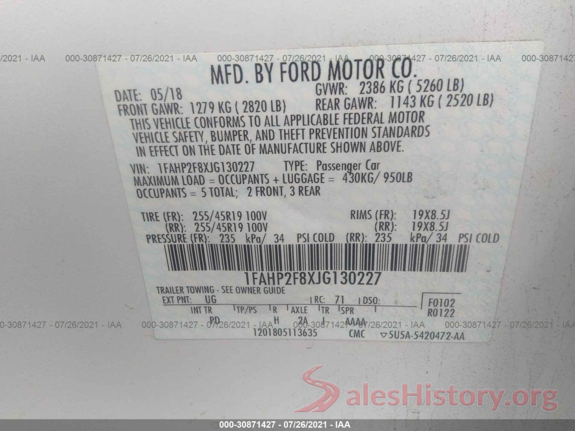 1FAHP2F8XJG130227 2018 FORD TAURUS