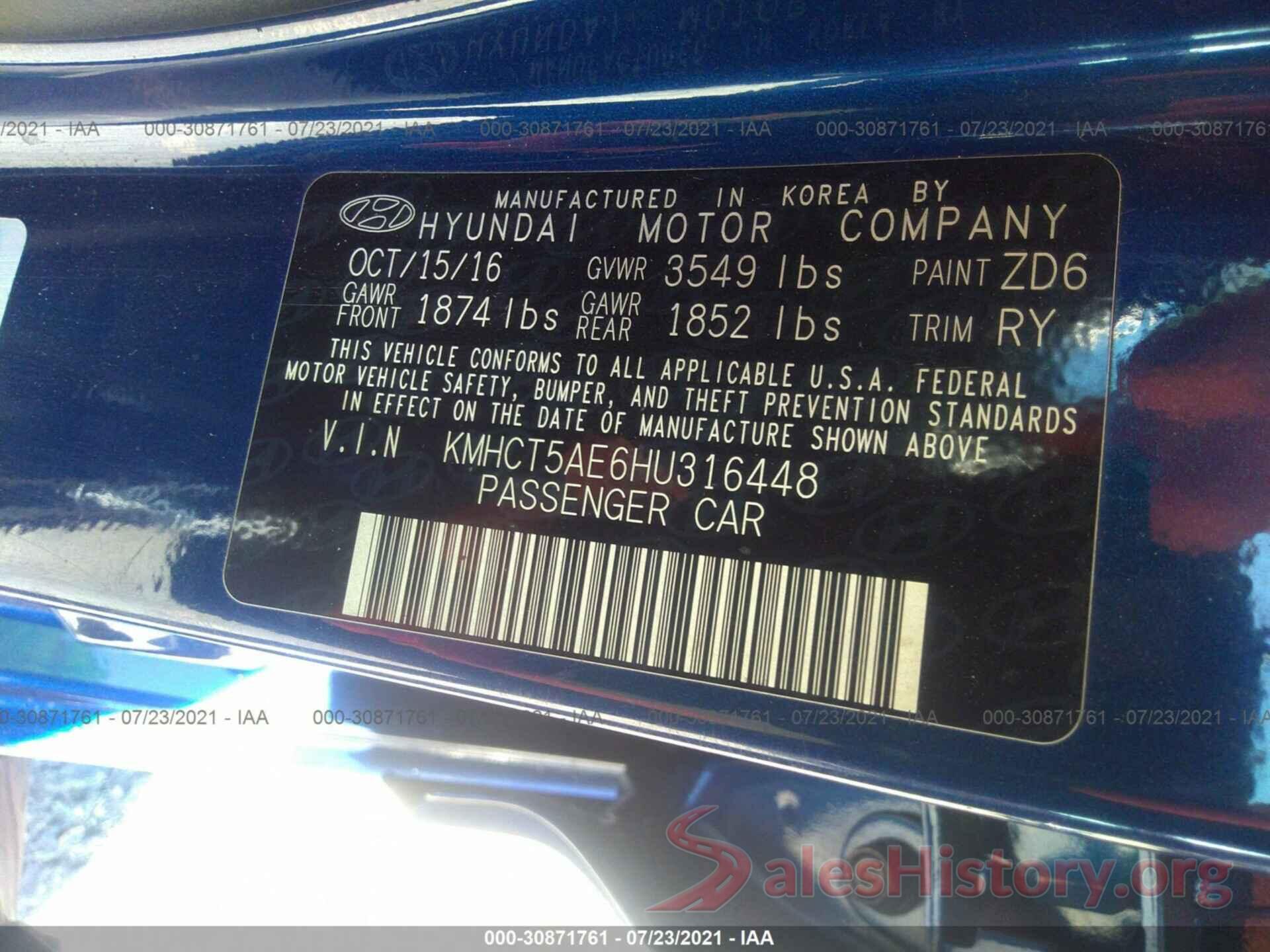 KMHCT5AE6HU316448 2017 HYUNDAI ACCENT