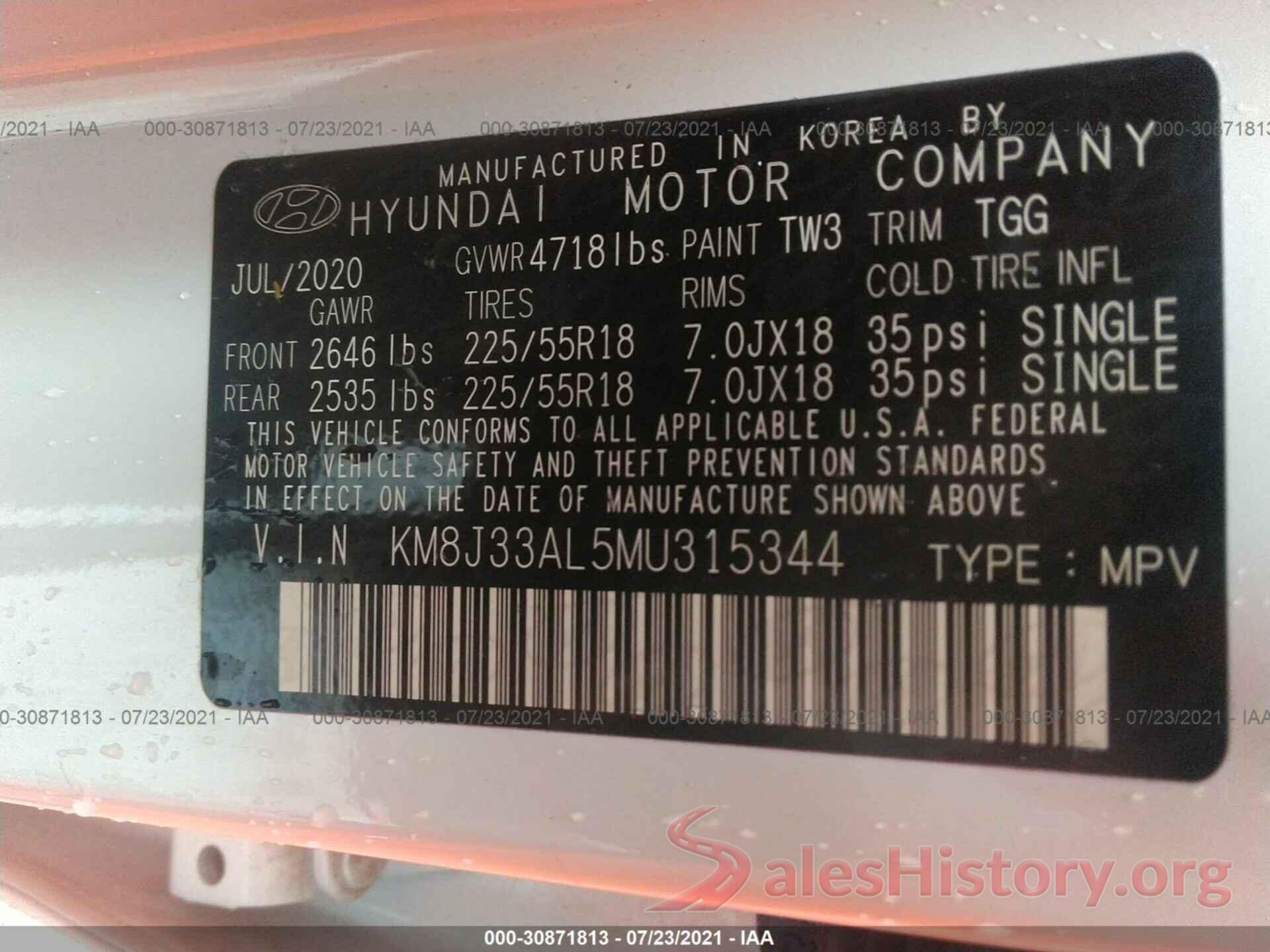 KM8J33AL5MU315344 2021 HYUNDAI TUCSON