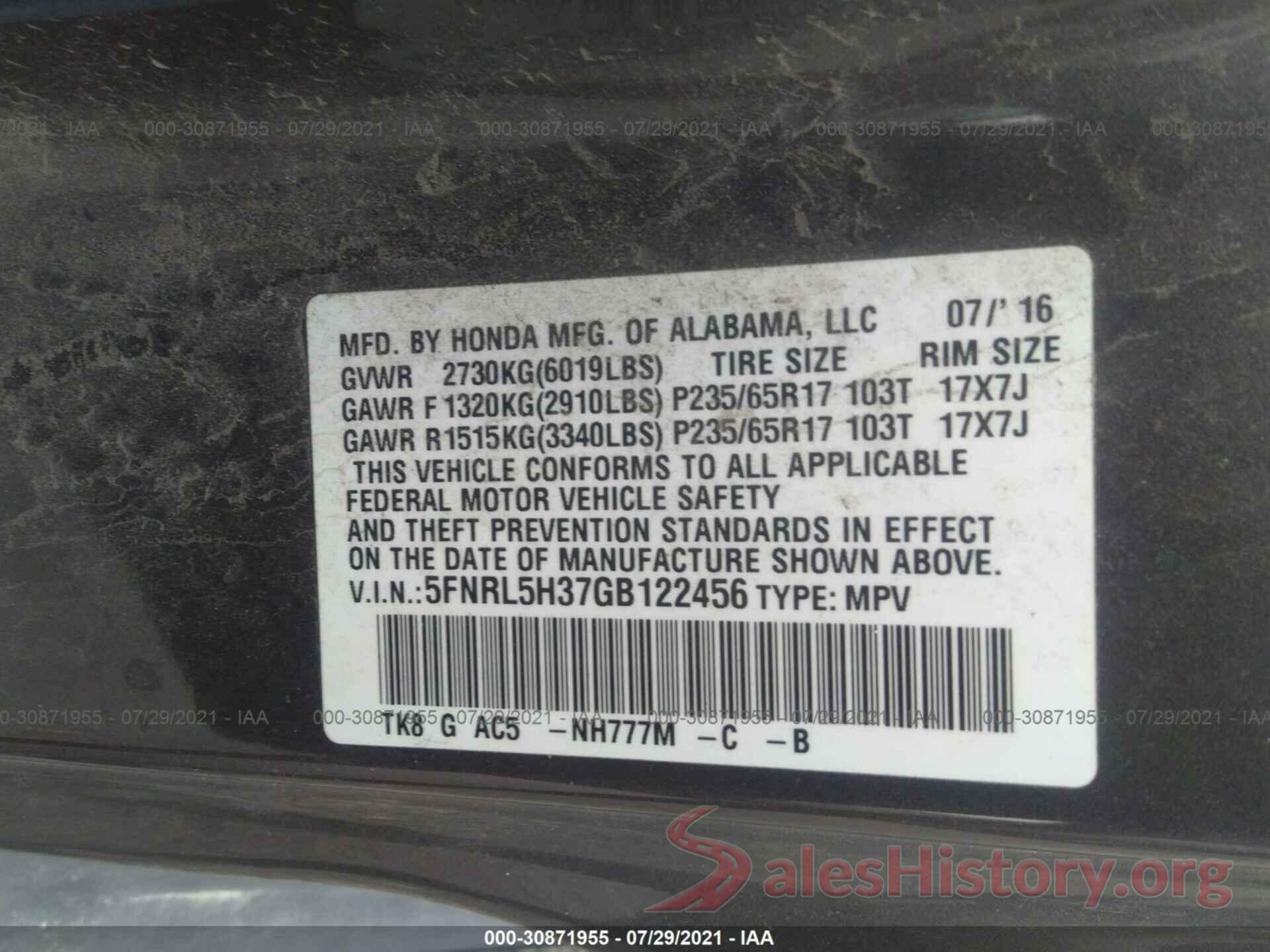 5FNRL5H37GB122456 2016 HONDA ODYSSEY