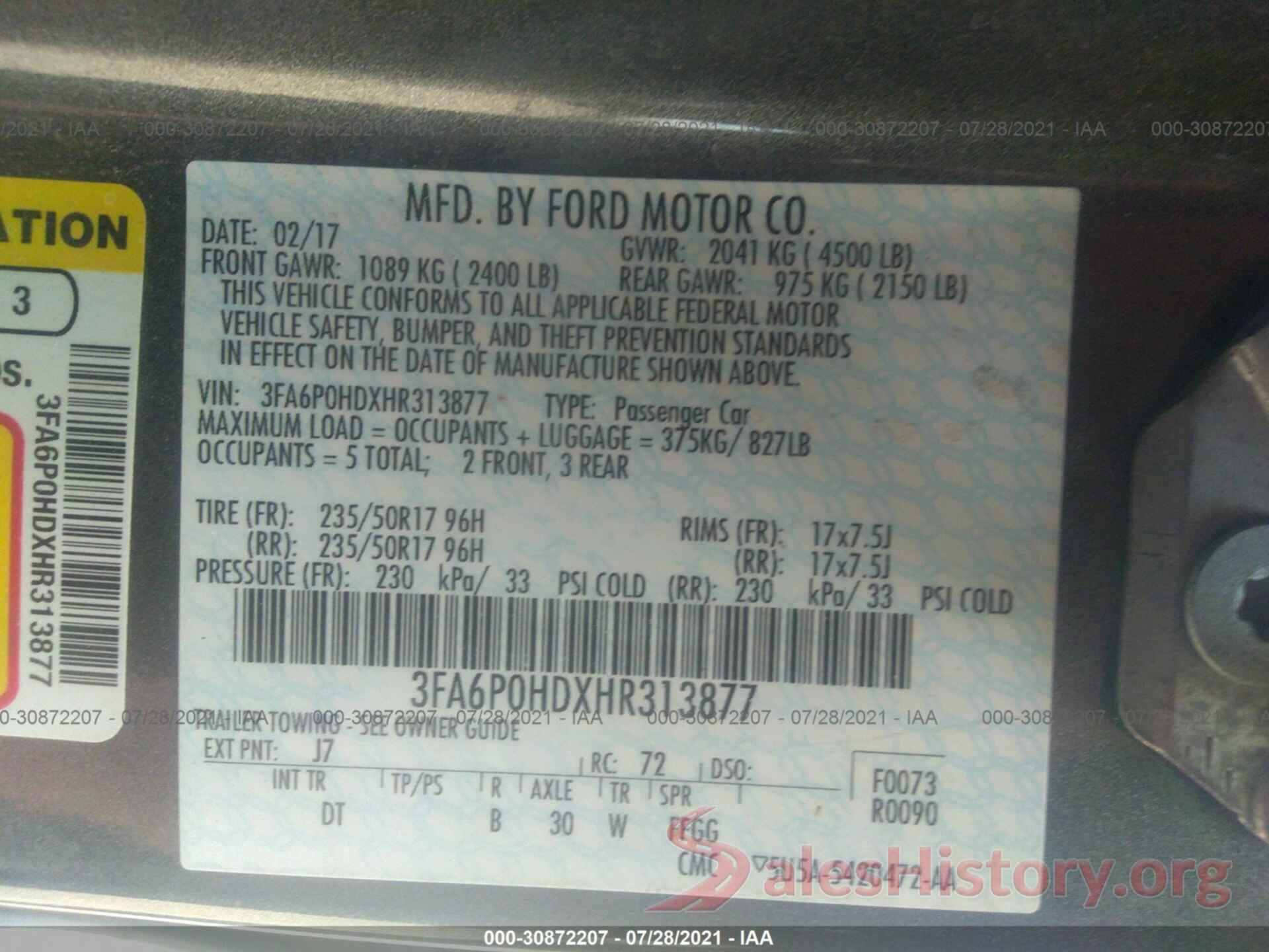 3FA6P0HDXHR313877 2017 FORD FUSION