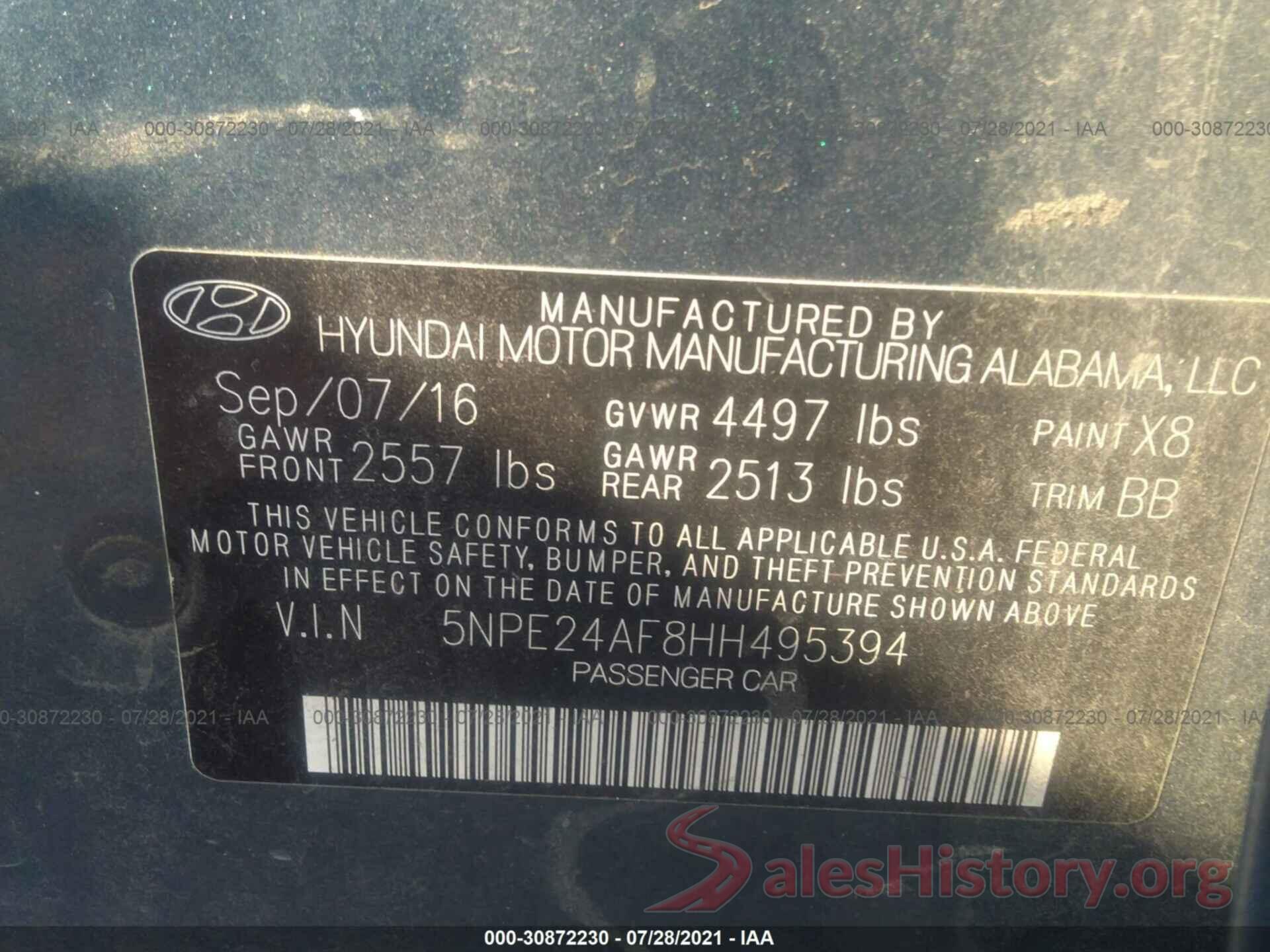 5NPE24AF8HH495394 2017 HYUNDAI SONATA