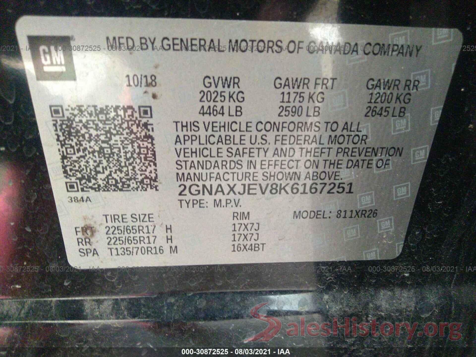 2GNAXJEV8K6167251 2019 CHEVROLET EQUINOX