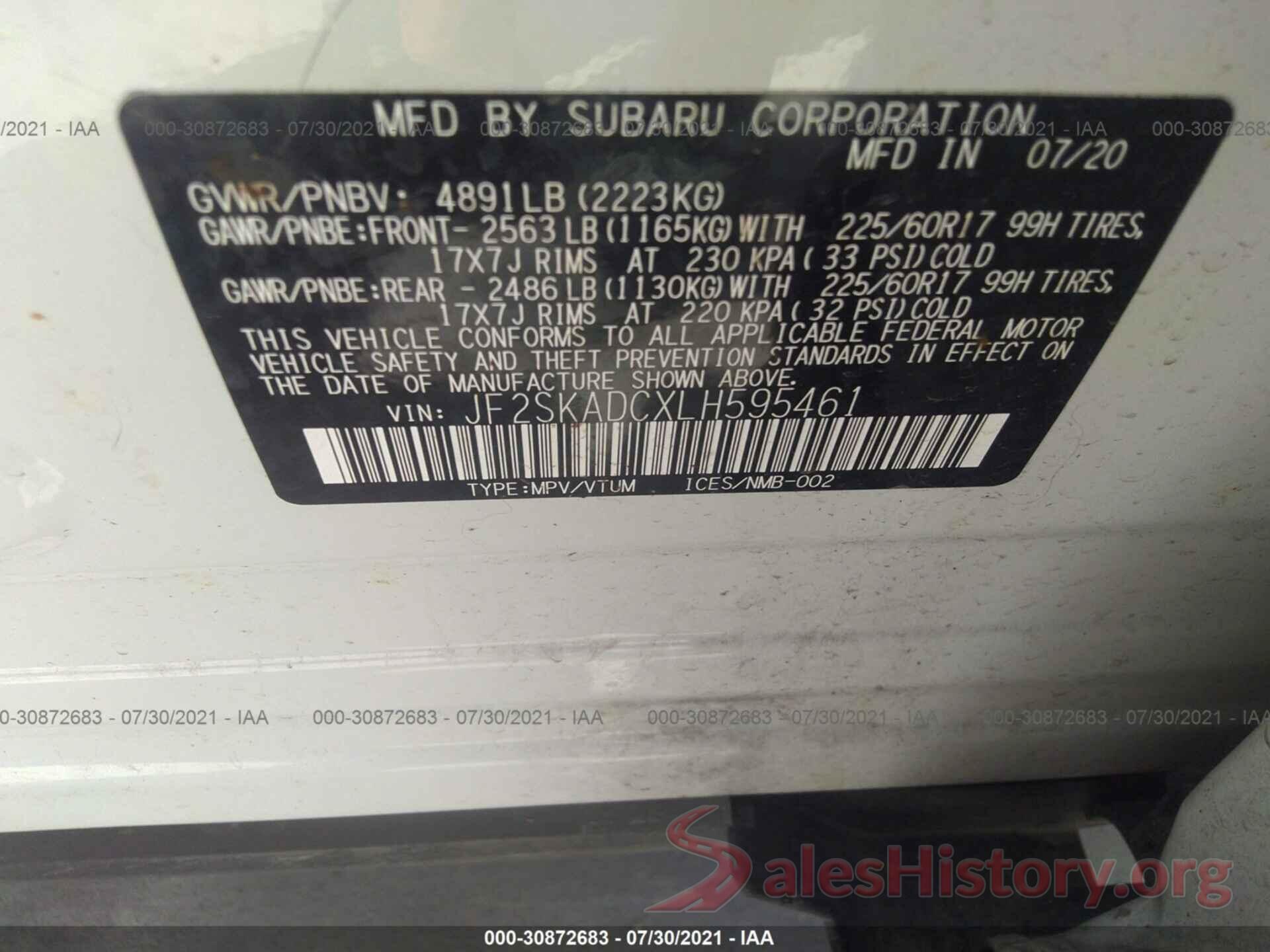 JF2SKADCXLH595461 2020 SUBARU FORESTER