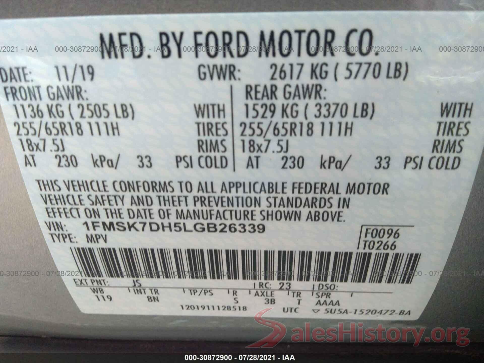 1FMSK7DH5LGB26339 2020 FORD EXPLORER