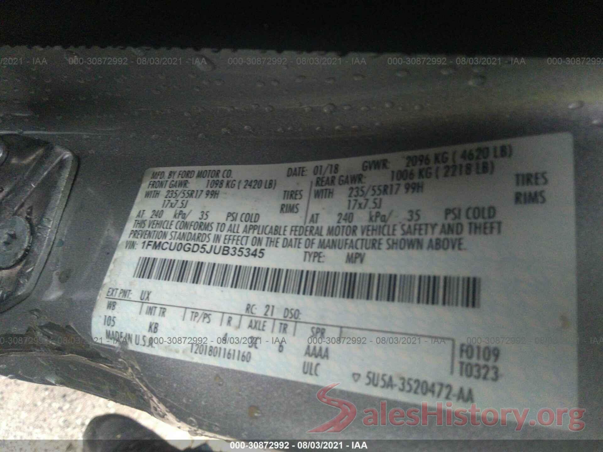 1FMCU0GD5JUB35345 2018 FORD ESCAPE