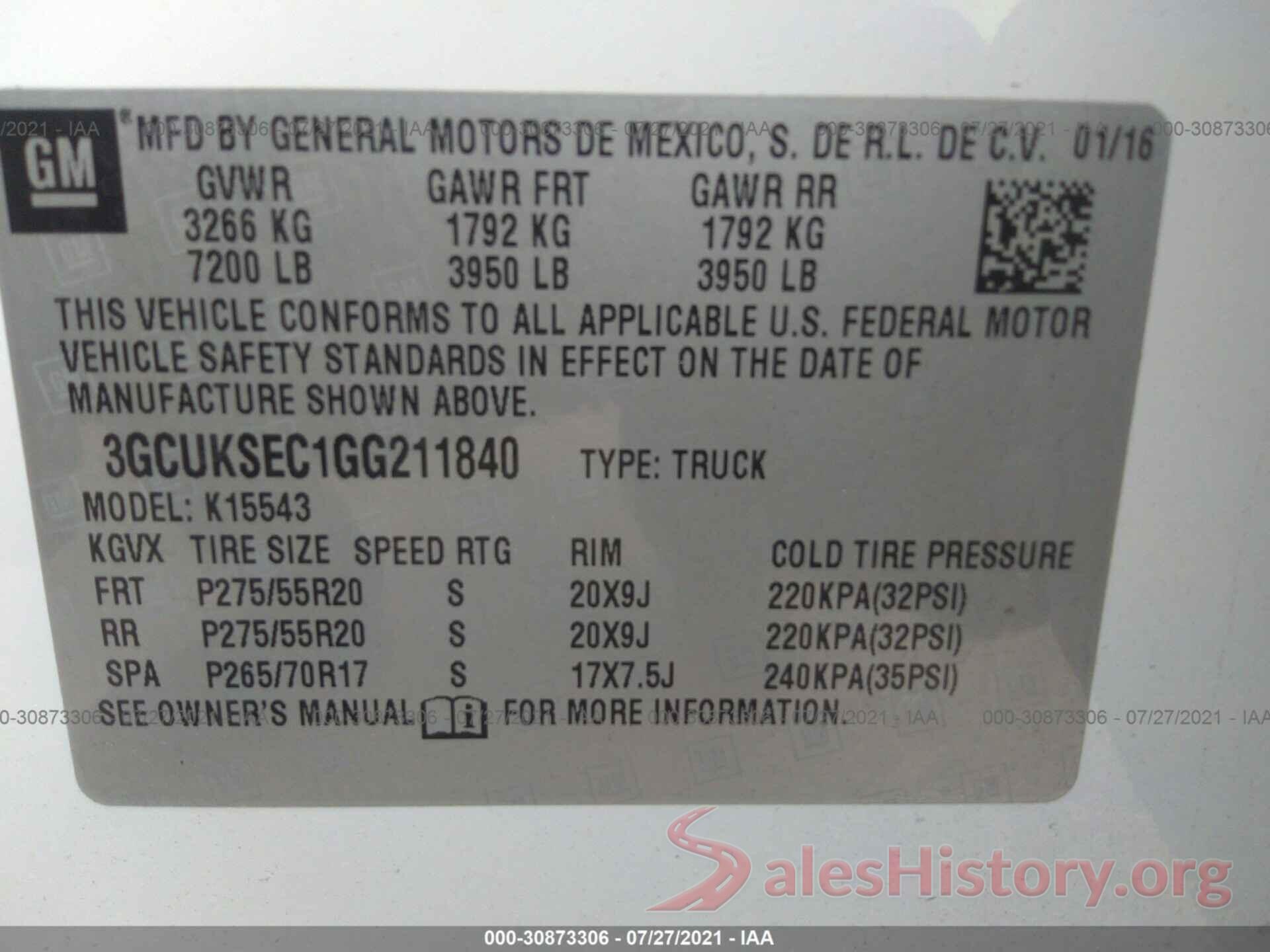 3GCUKSEC1GG211840 2016 CHEVROLET SILVERADO 1500