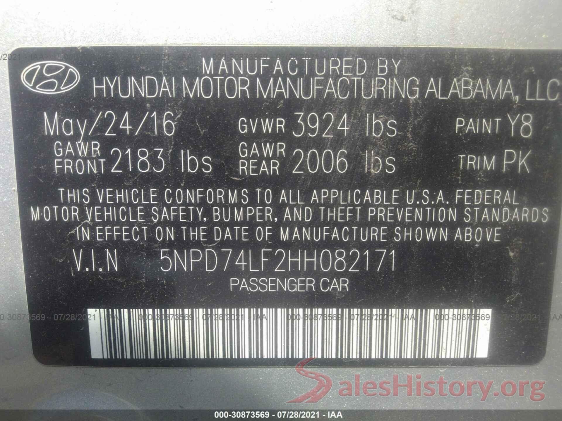 5NPD74LF2HH082171 2017 HYUNDAI ELANTRA