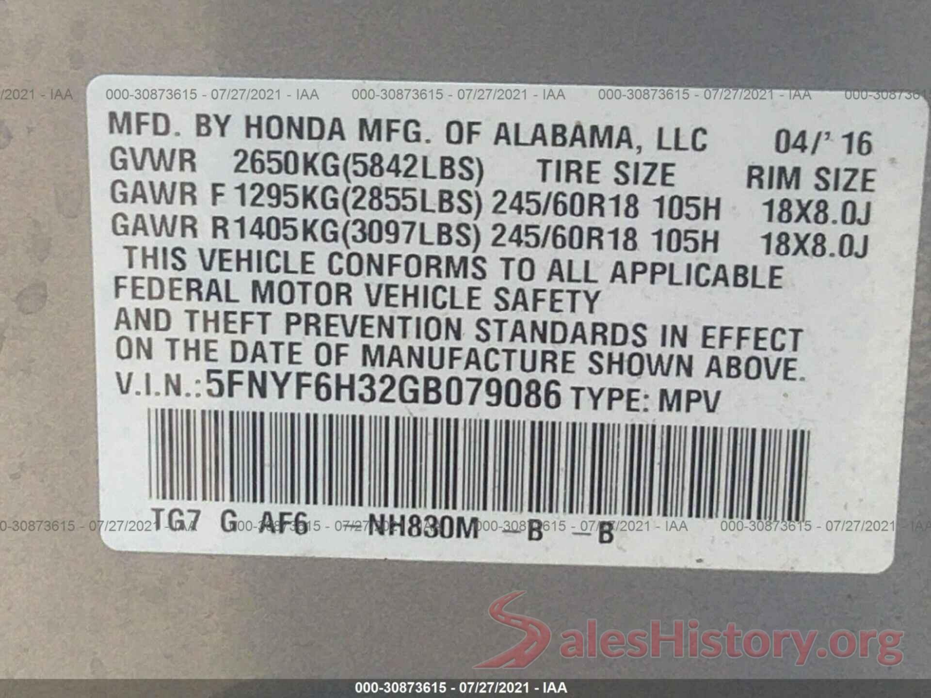 5FNYF6H32GB079086 2016 HONDA PILOT