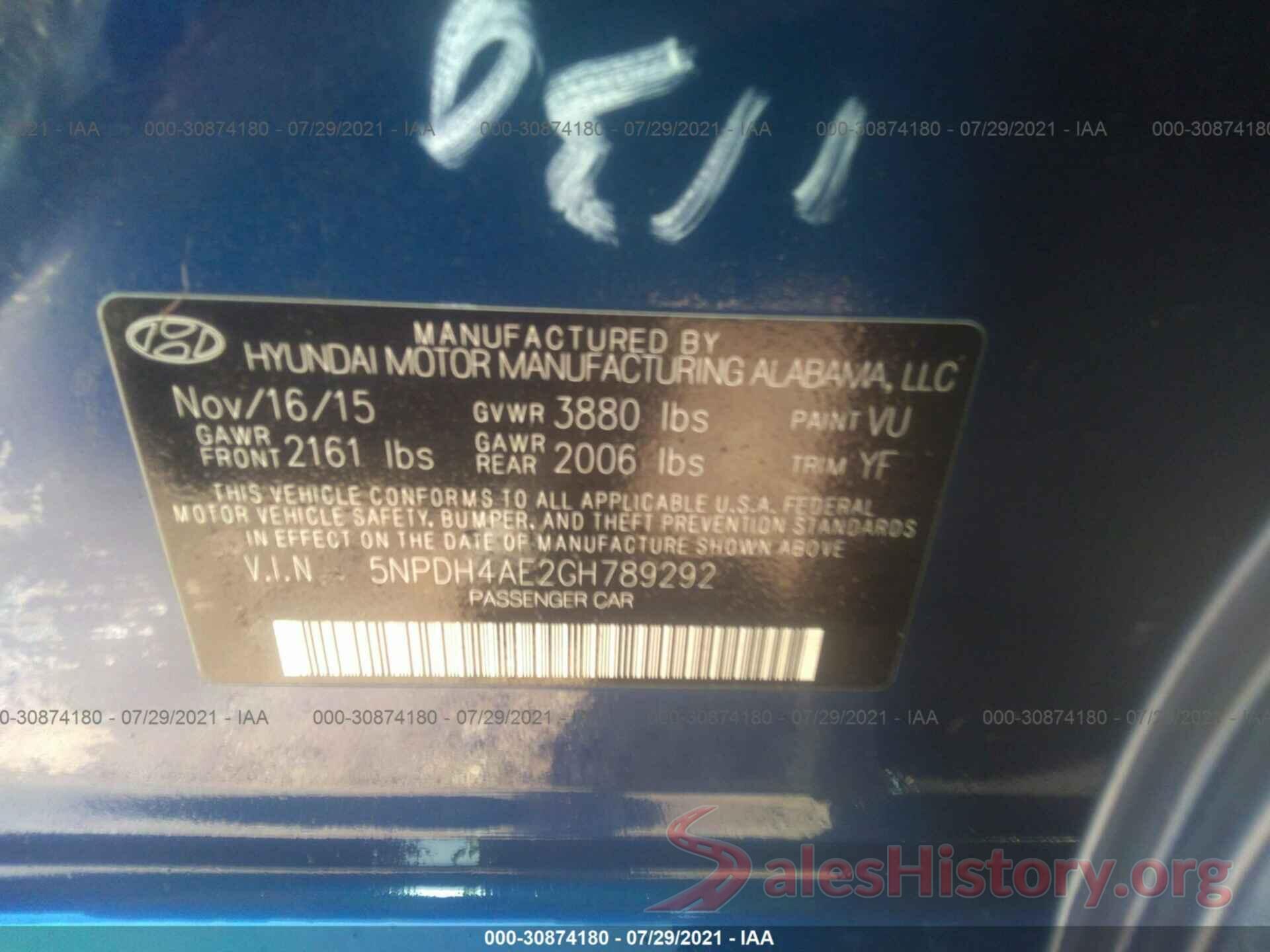 5NPDH4AE2GH789292 2016 HYUNDAI ELANTRA