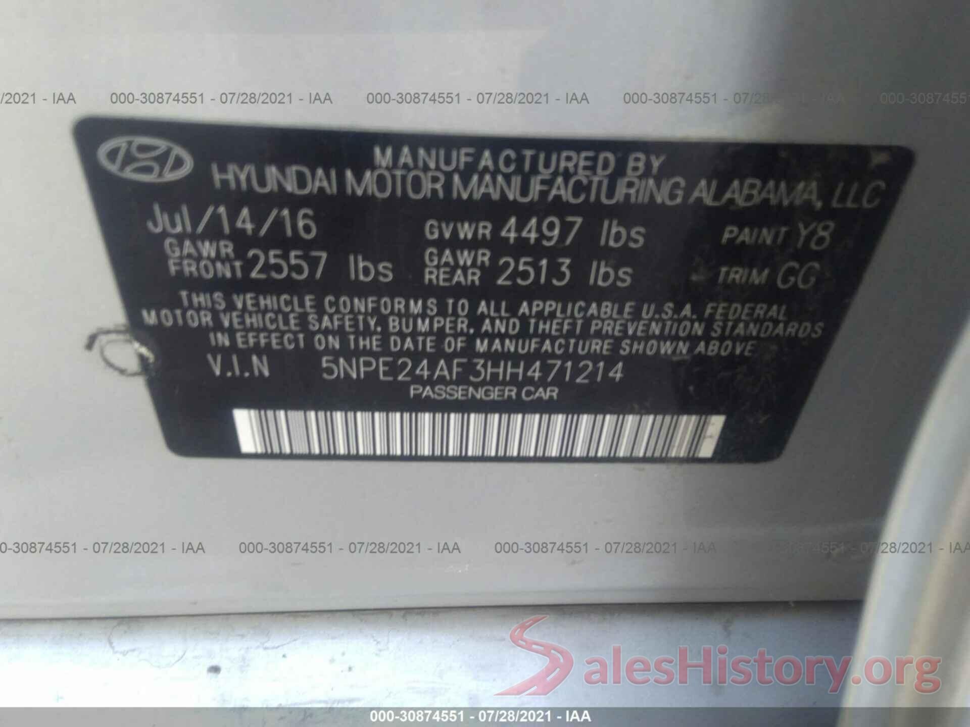 5NPE24AF3HH471214 2017 HYUNDAI SONATA