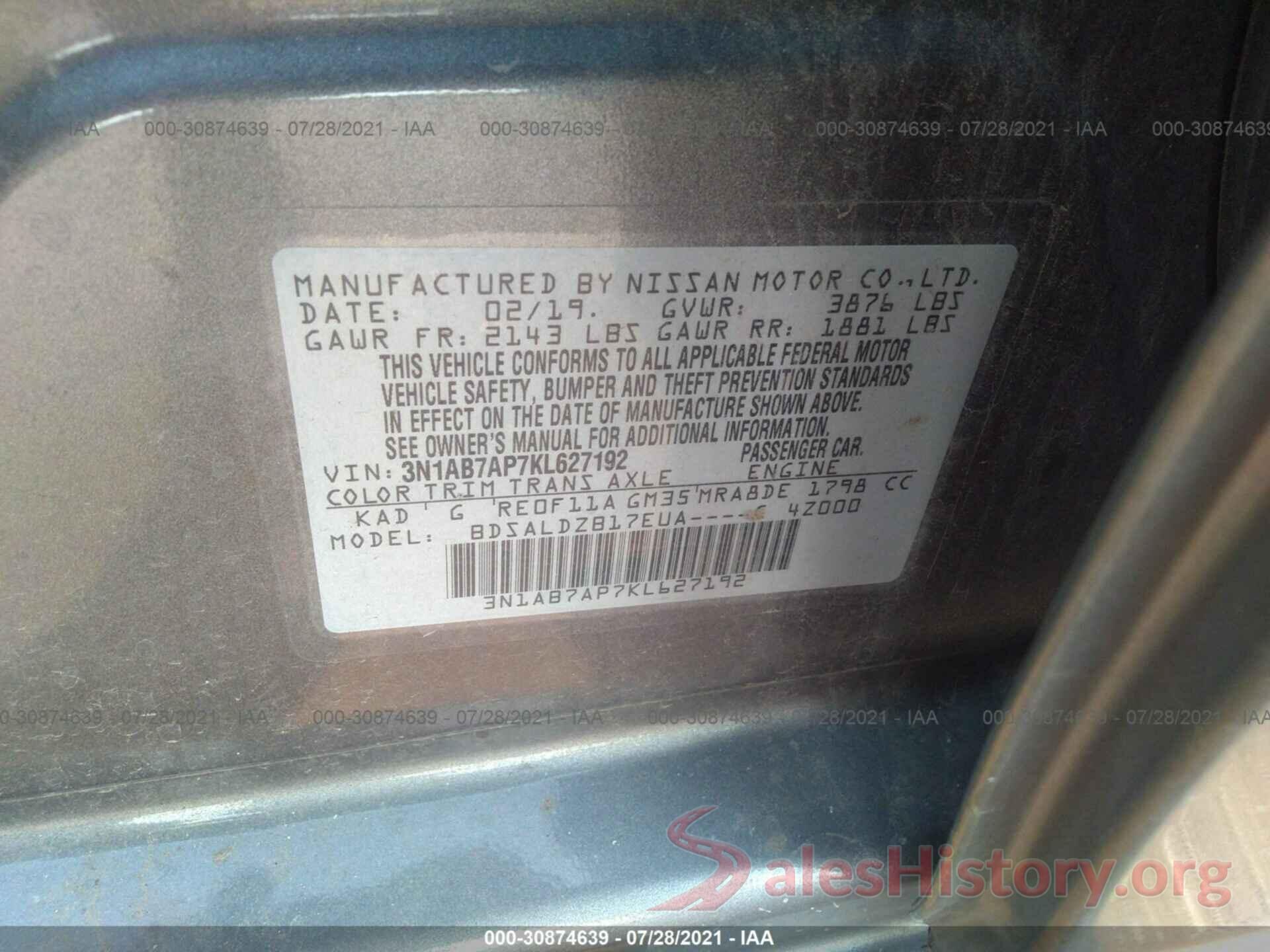 3N1AB7AP7KL627192 2019 NISSAN SENTRA