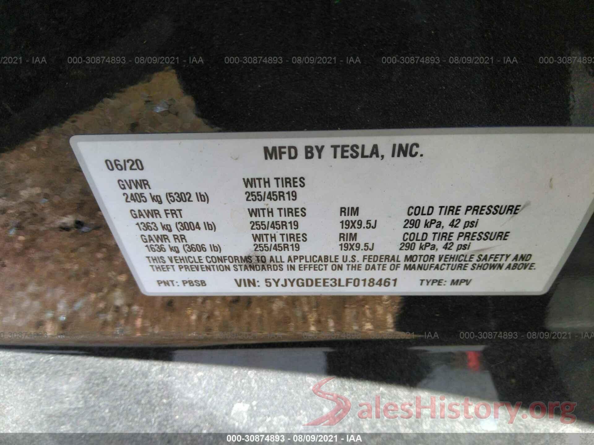 5YJYGDEE3LF018461 2020 TESLA MODEL Y