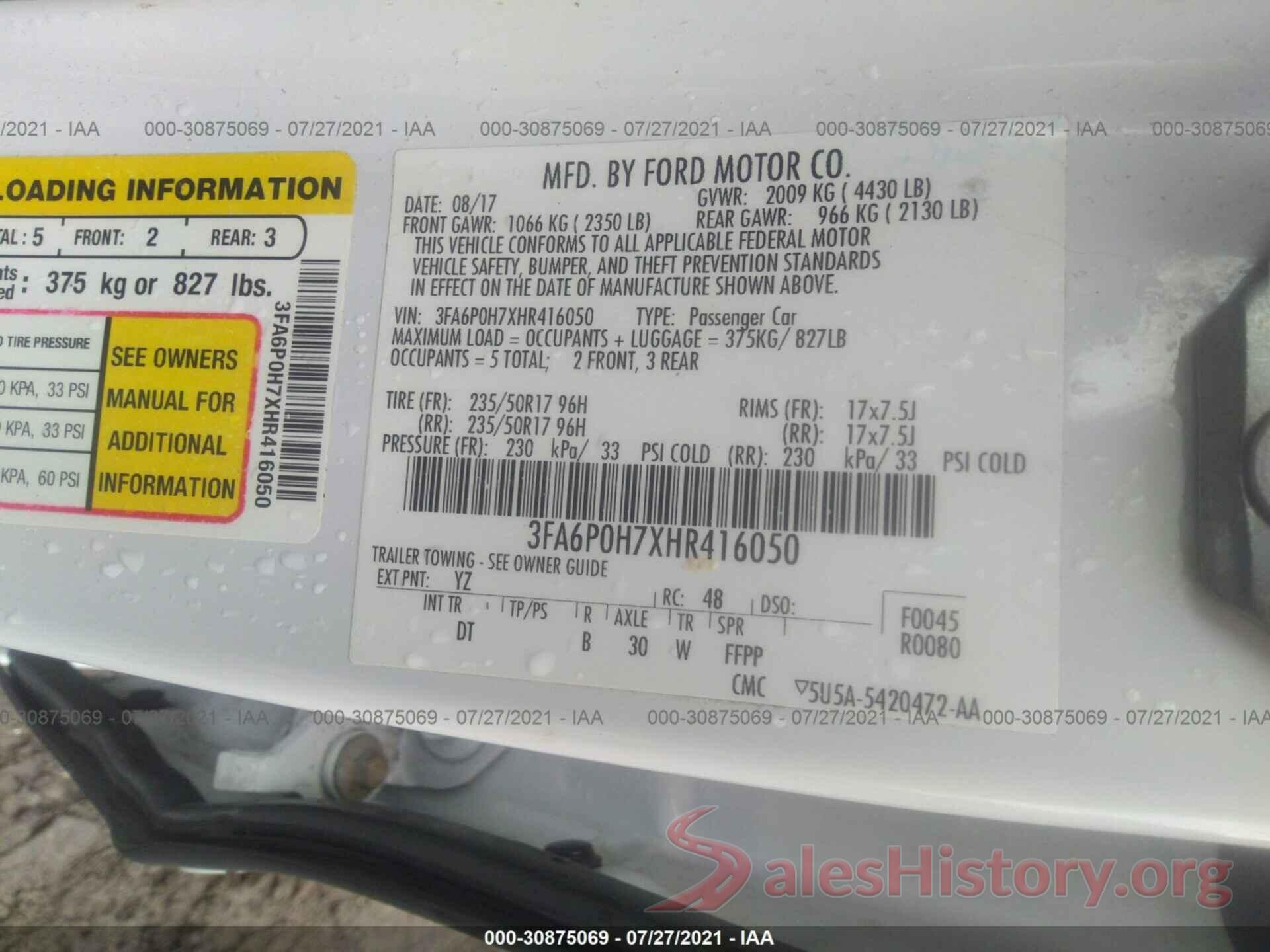 3FA6P0H7XHR416050 2017 FORD FUSION