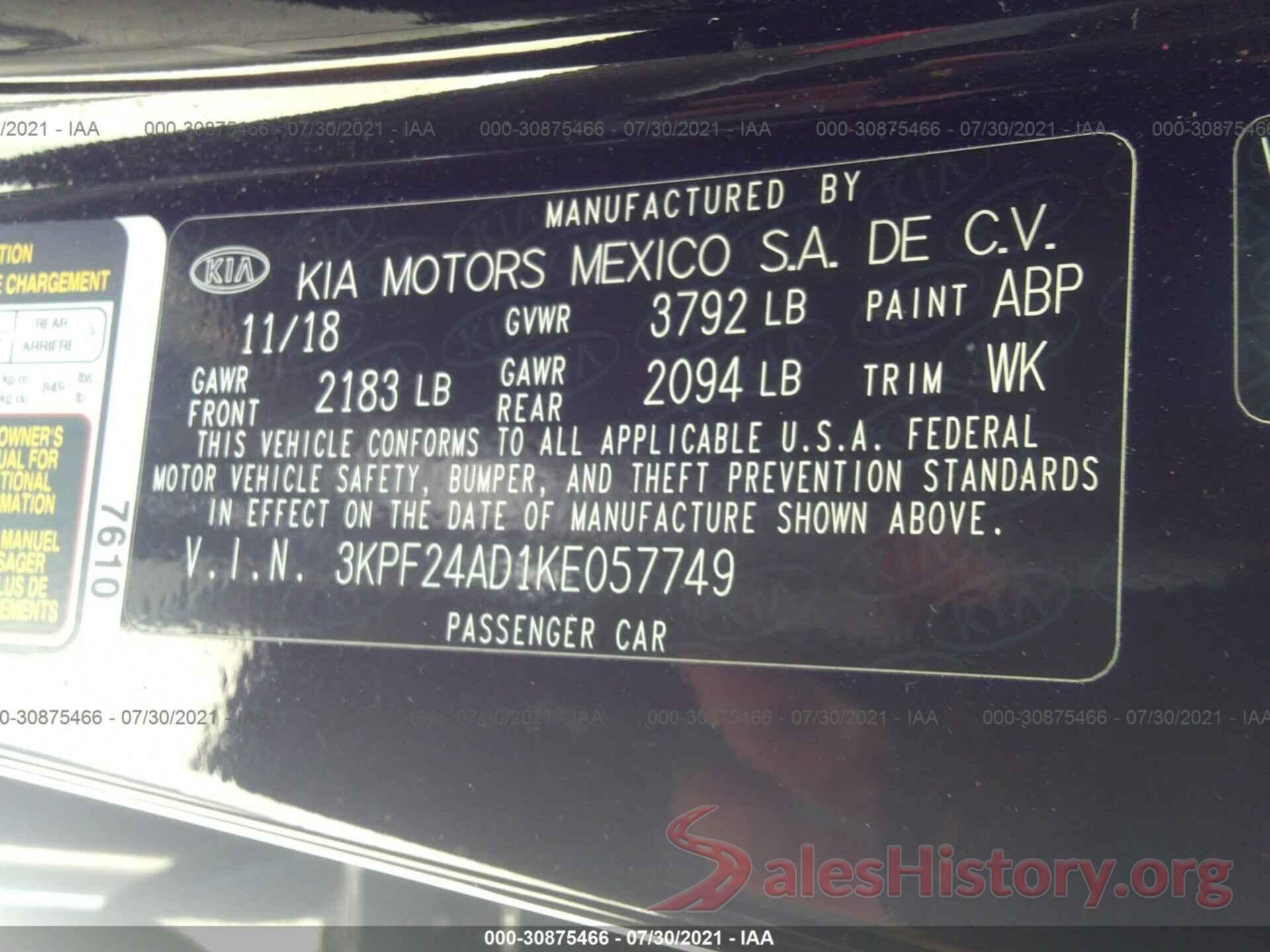 3KPF24AD1KE057749 2019 KIA FORTE