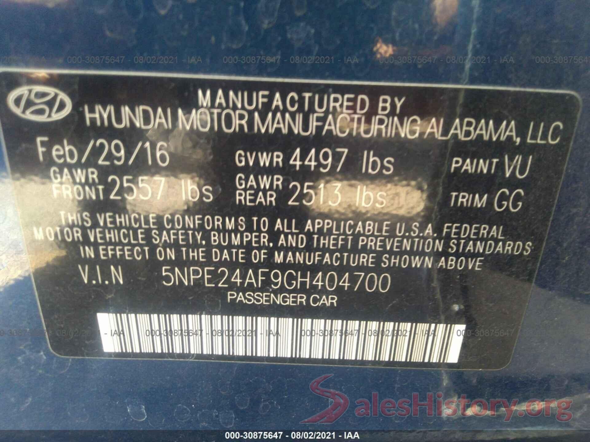 5NPE24AF9GH404700 2016 HYUNDAI SONATA