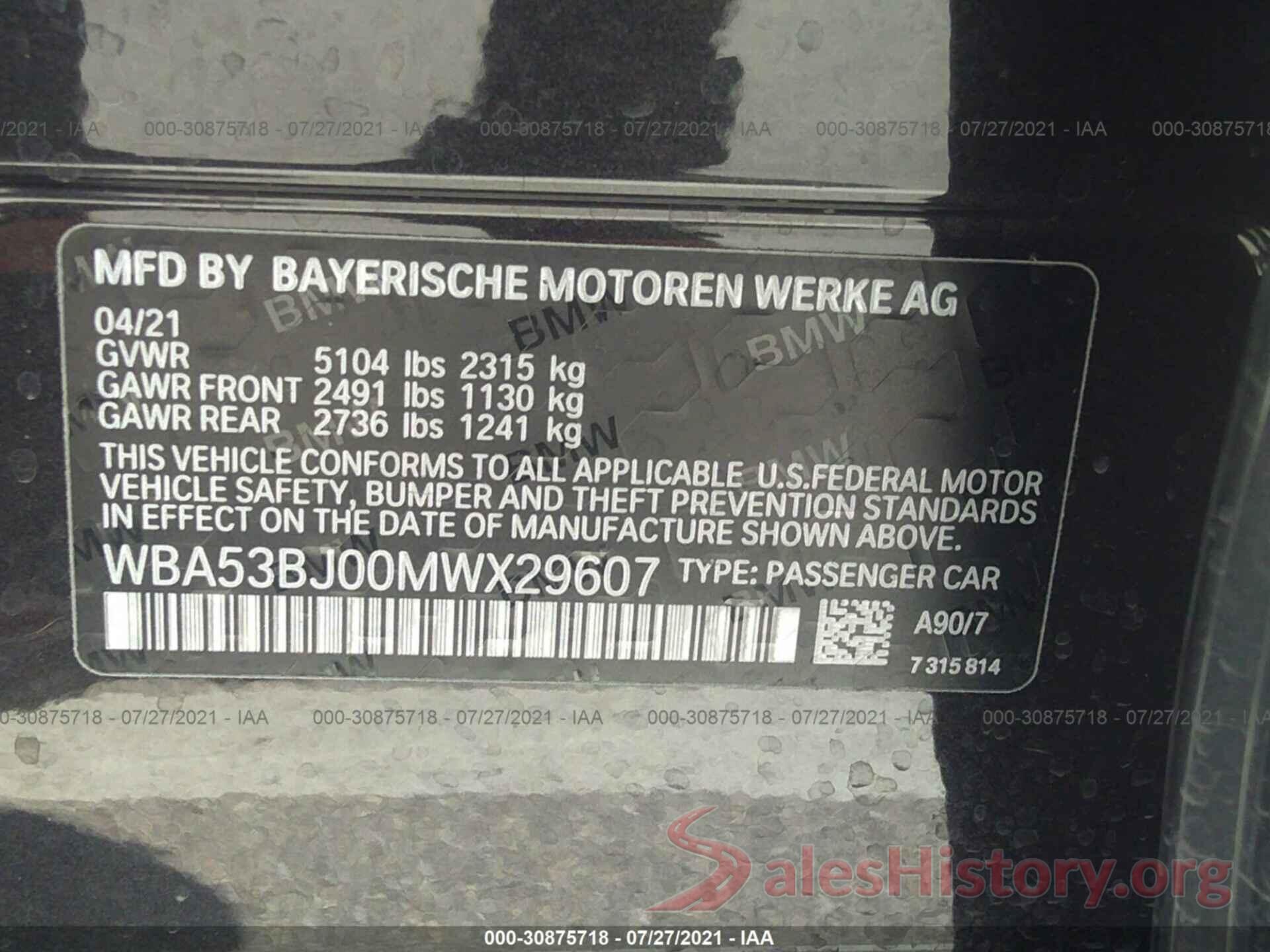 WBA53BJ00MWX29607 2021 BMW 5 SERIES