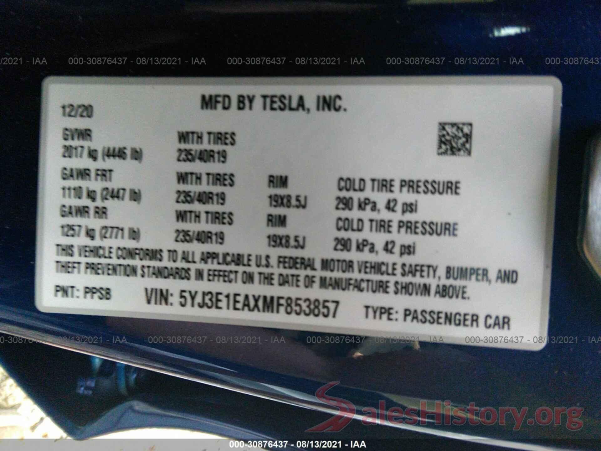 5YJ3E1EAXMF853857 2021 TESLA MODEL 3