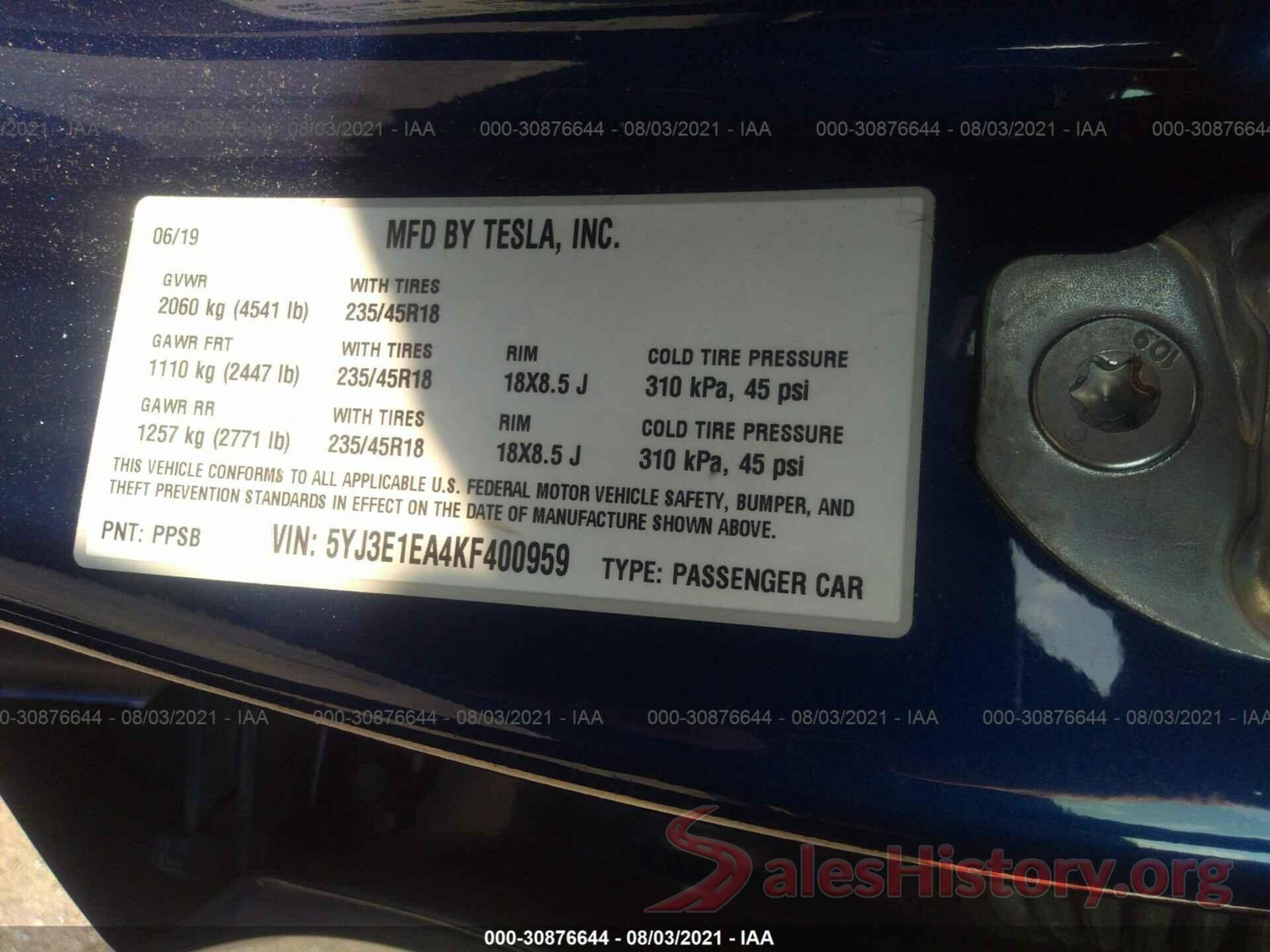 5YJ3E1EA4KF400959 2019 TESLA MODEL 3