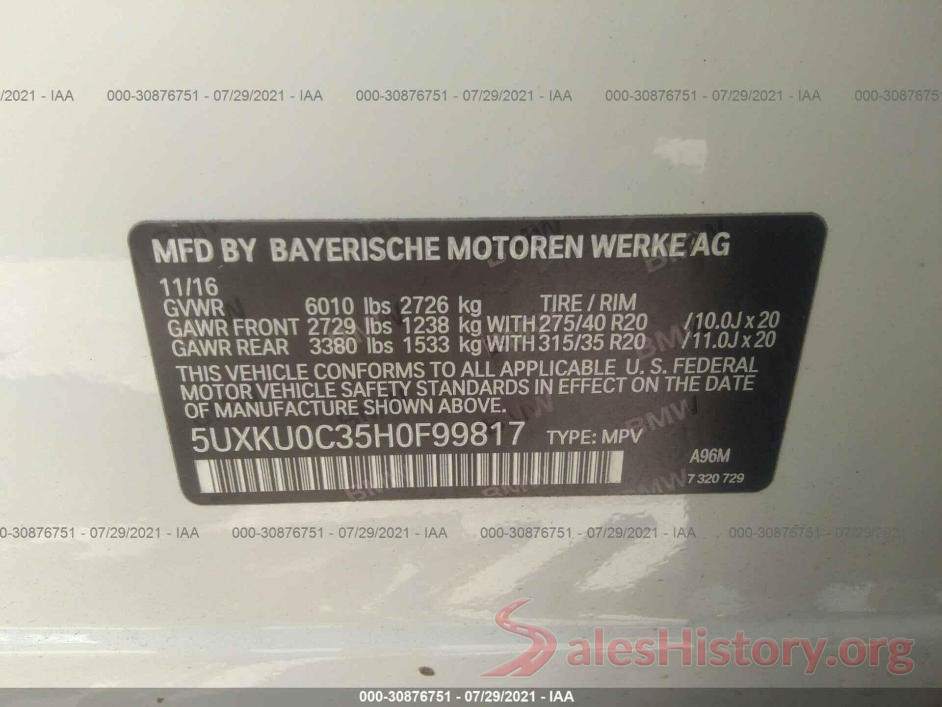 5UXKU0C35H0F99817 2017 BMW X6