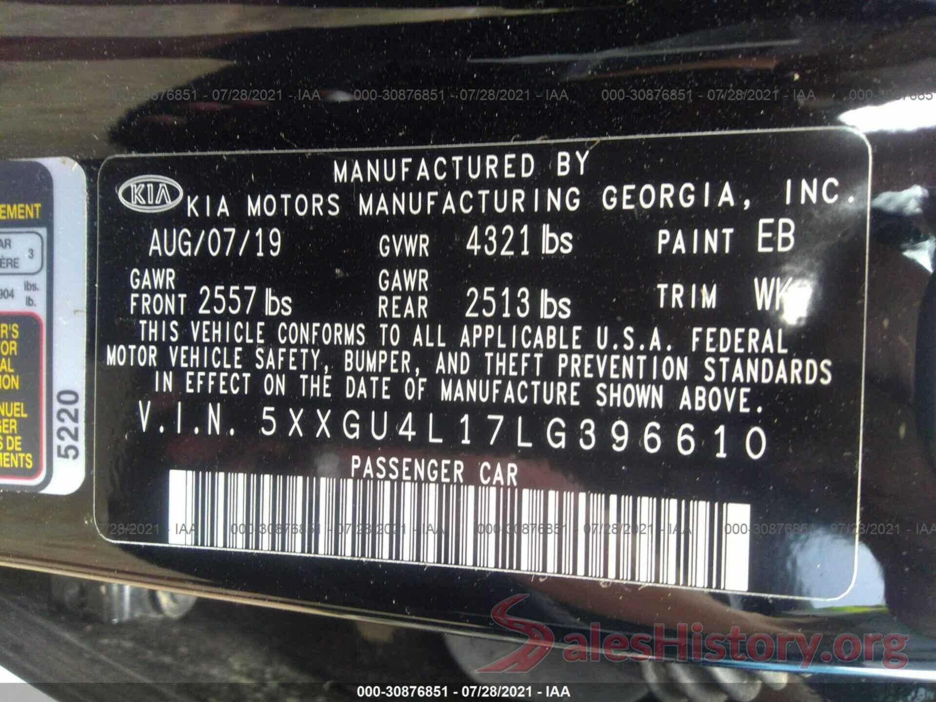 5XXGU4L17LG396610 2020 KIA OPTIMA