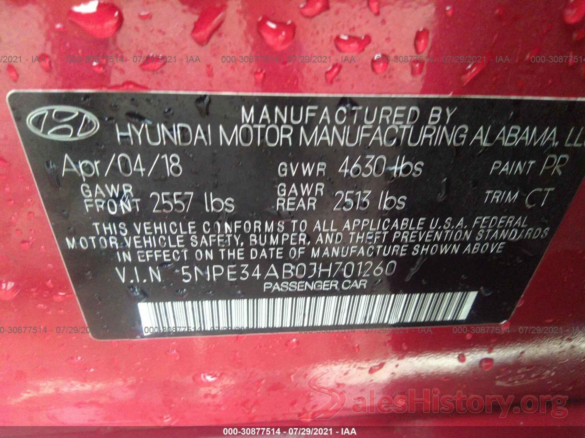 5NPE34AB0JH701260 2018 HYUNDAI SONATA