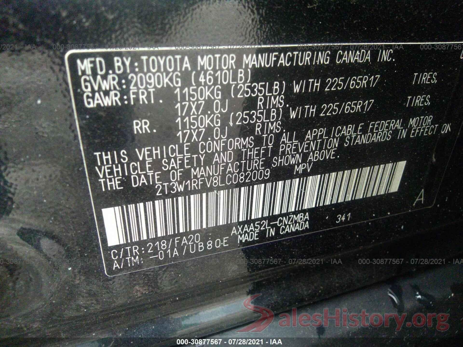 2T3W1RFV8LC082009 2020 TOYOTA RAV4