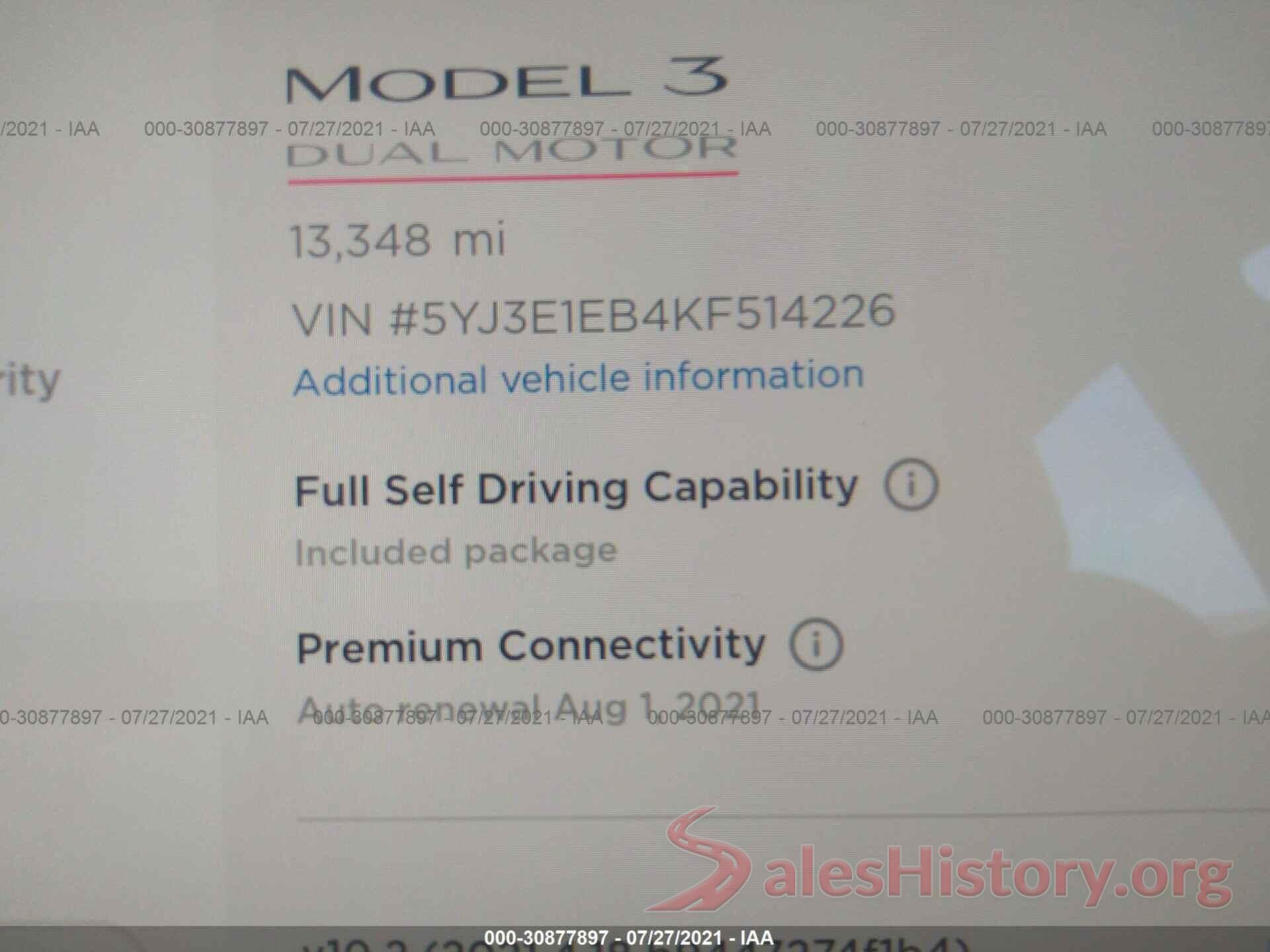 5YJ3E1EB4KF514226 2019 TESLA MODEL 3