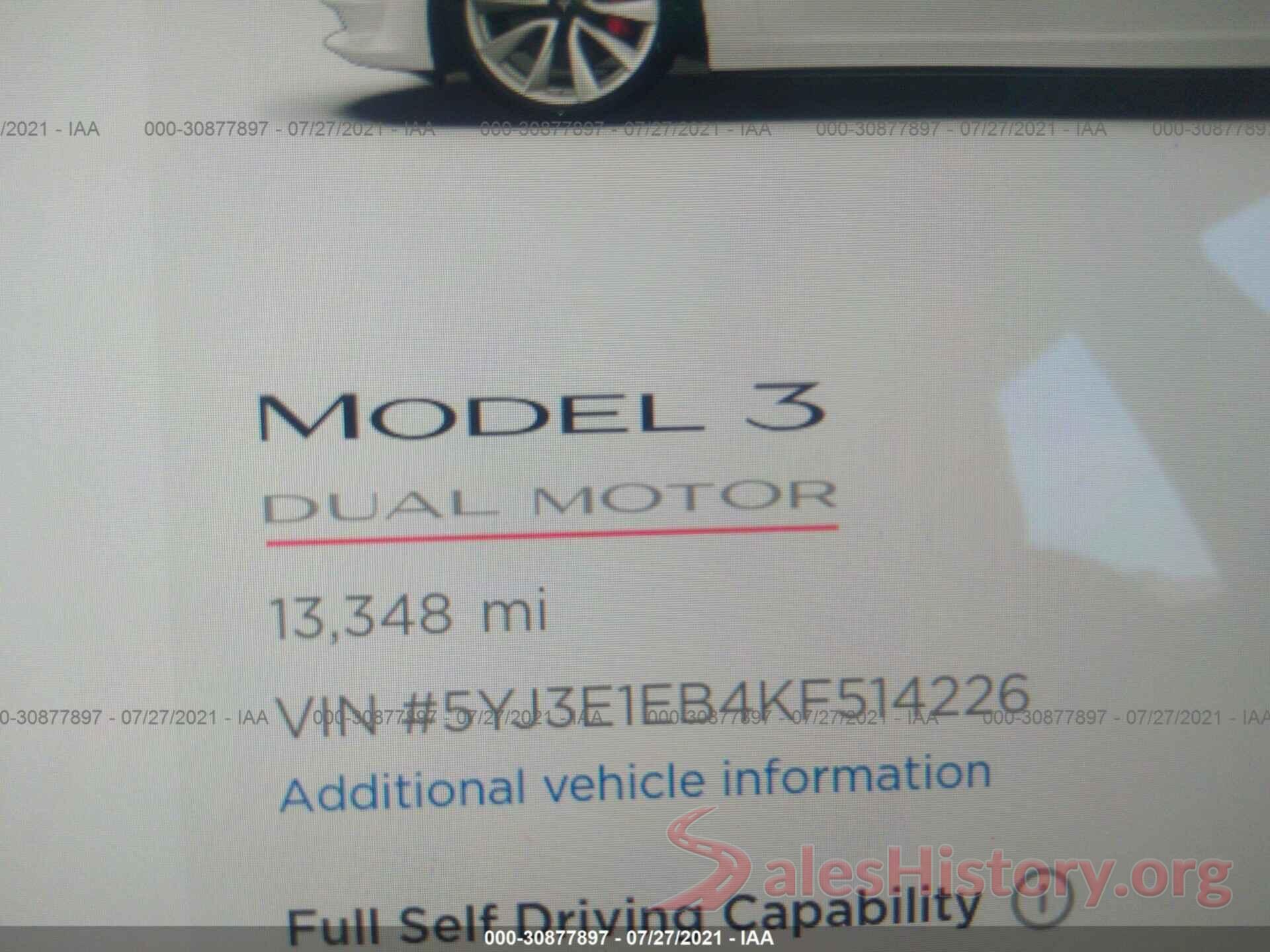 5YJ3E1EB4KF514226 2019 TESLA MODEL 3