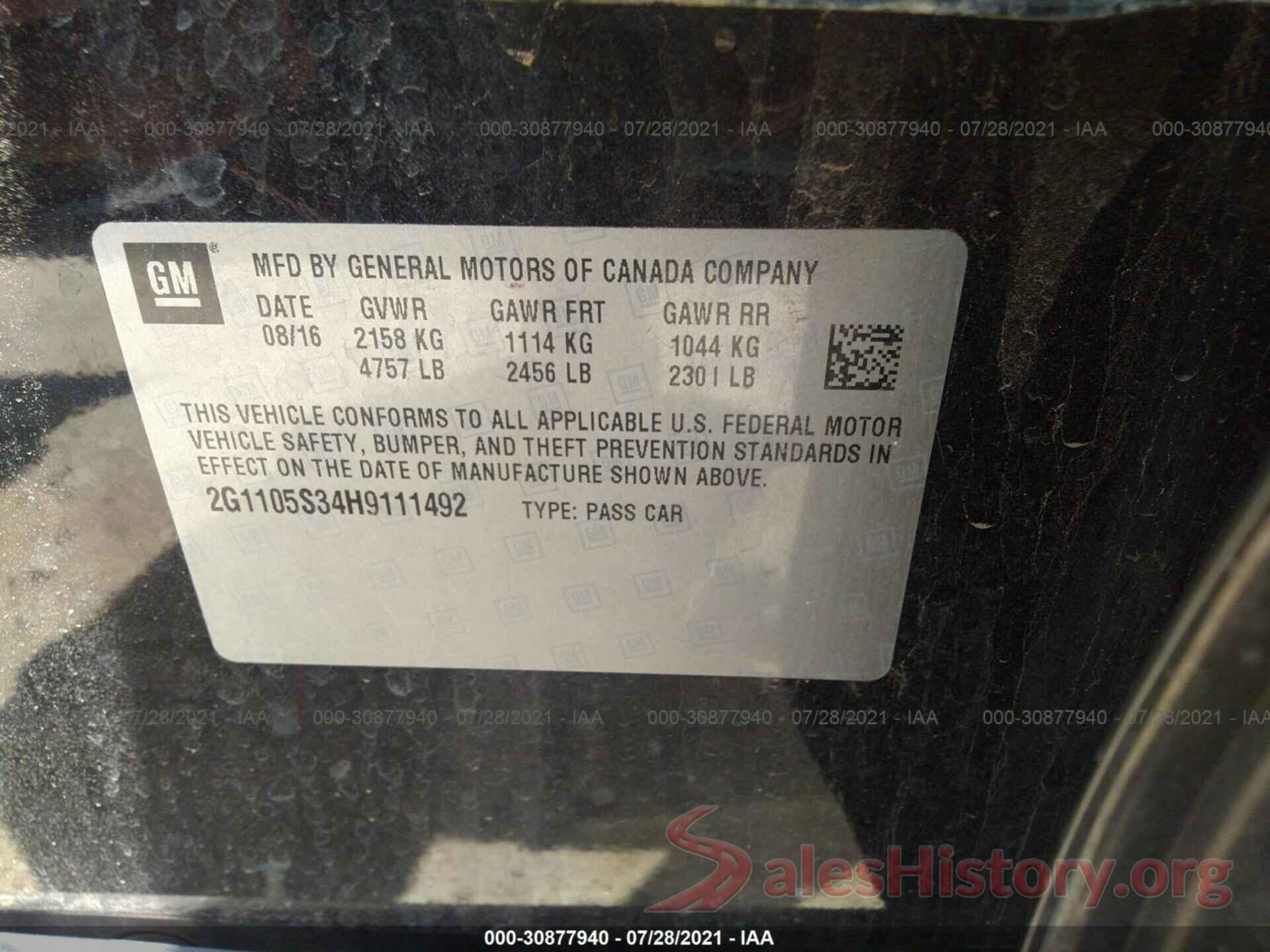 2G1105S34H9111492 2017 CHEVROLET IMPALA