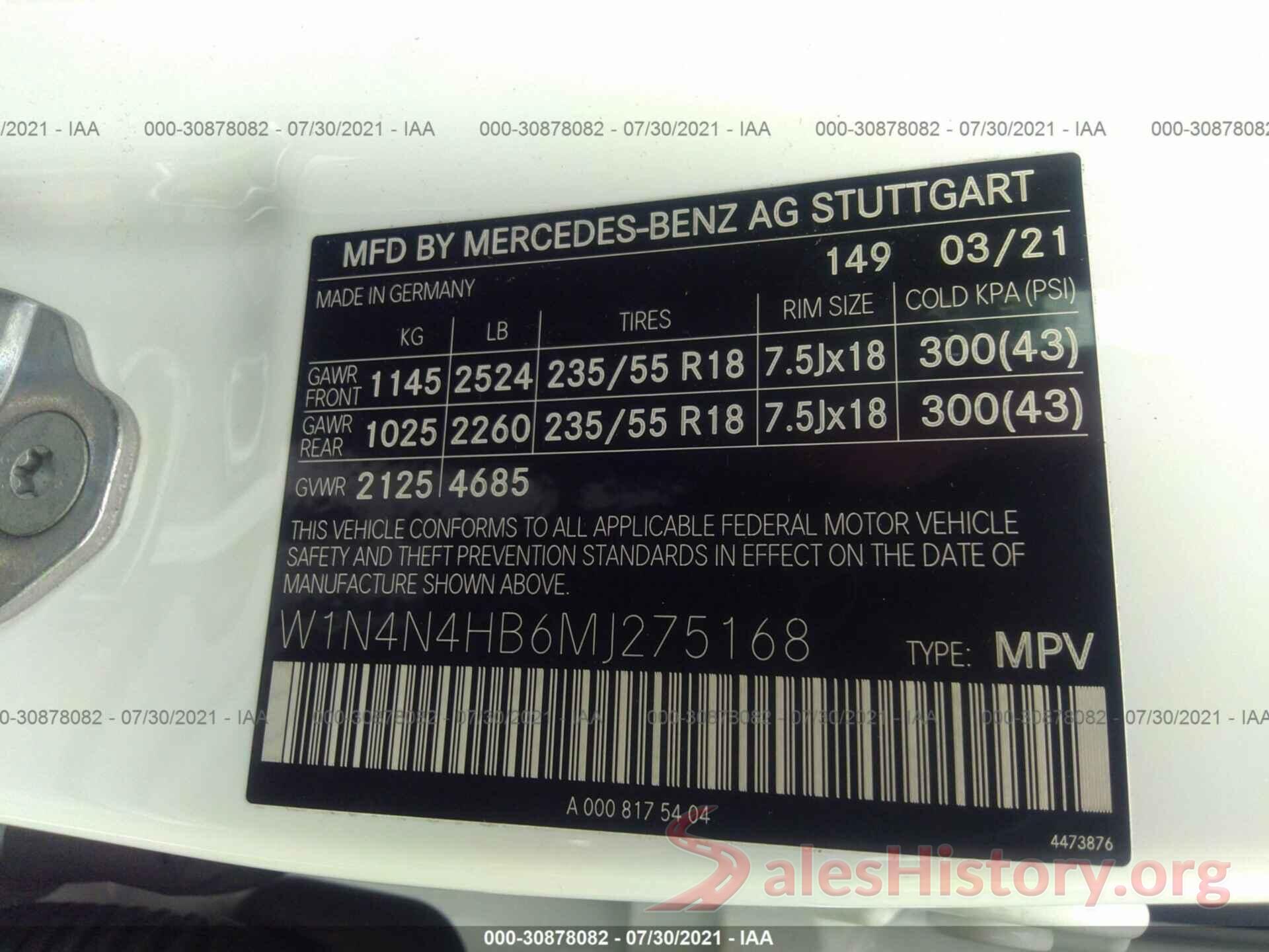 W1N4N4HB6MJ275168 2021 MERCEDES-BENZ GLA