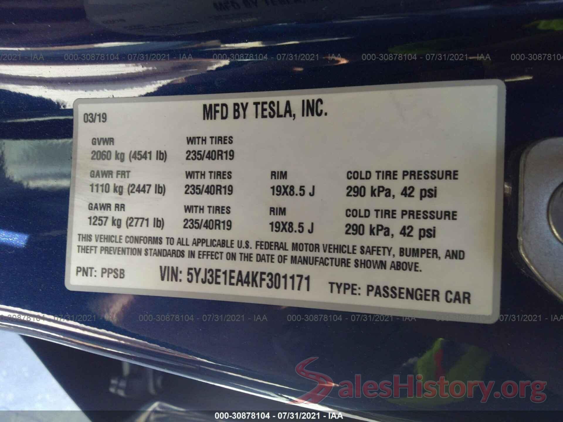 5YJ3E1EA4KF301171 2019 TESLA MODEL 3