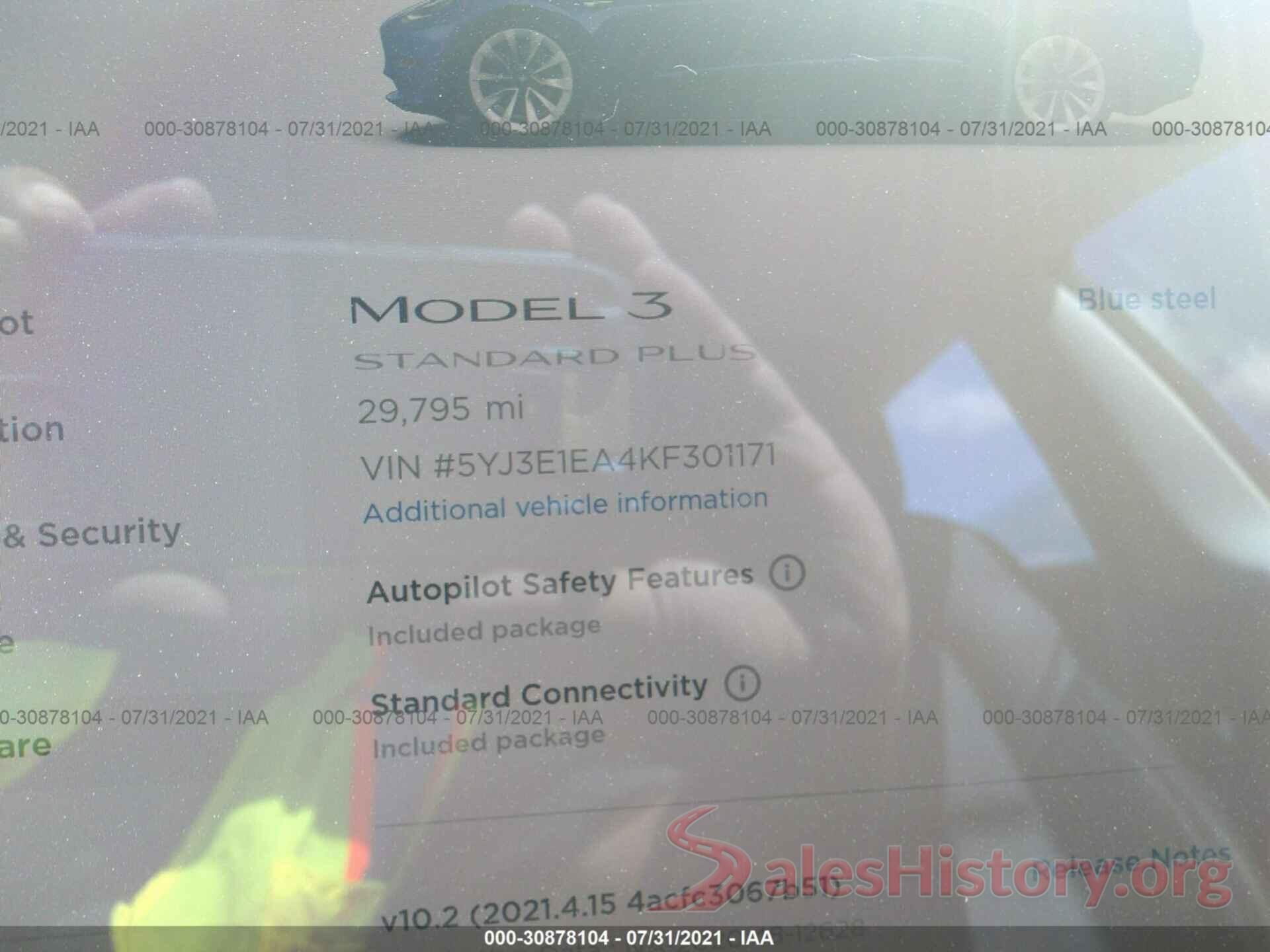 5YJ3E1EA4KF301171 2019 TESLA MODEL 3