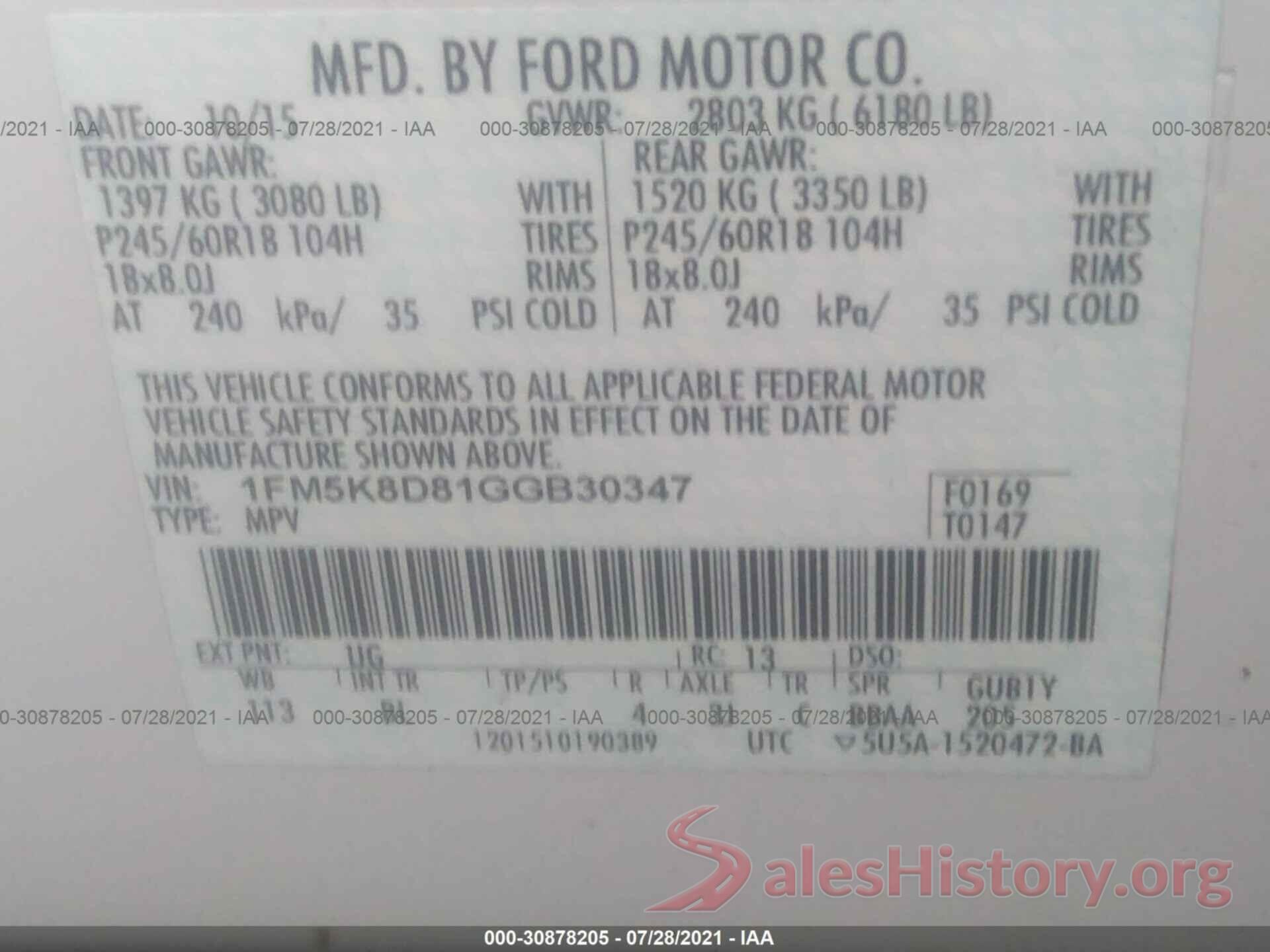 1FM5K8D81GGB30347 2016 FORD EXPLORER