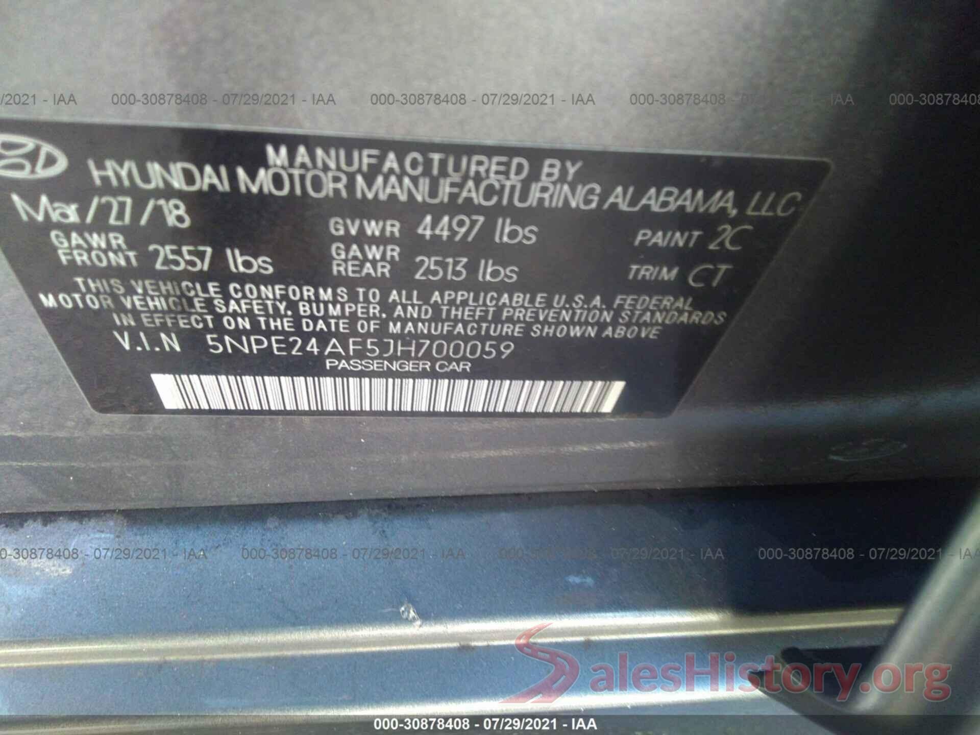 5NPE24AF5JH700059 2018 HYUNDAI SONATA